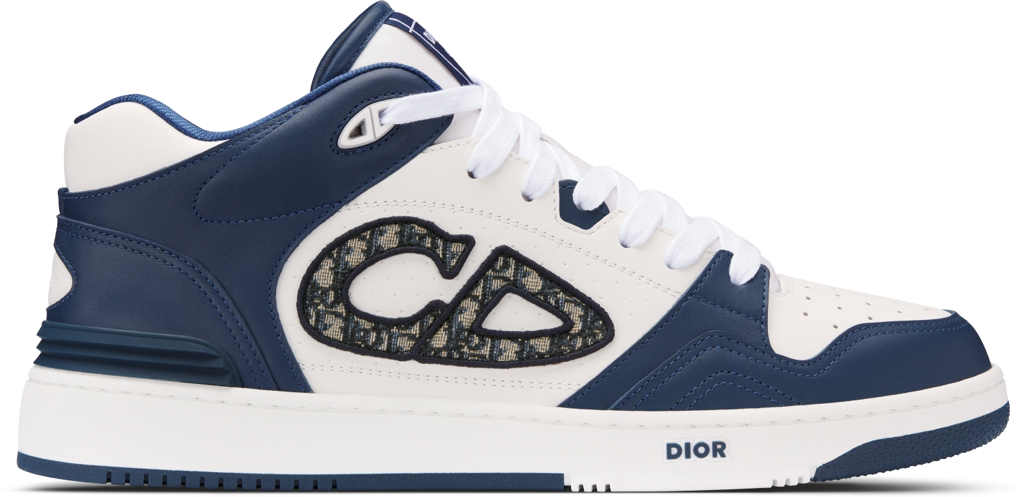 B57 Mid Top Sneaker Navy Blue and White Smooth Calfskin with Beige and Black Dior Oblique Jacquard DIOR