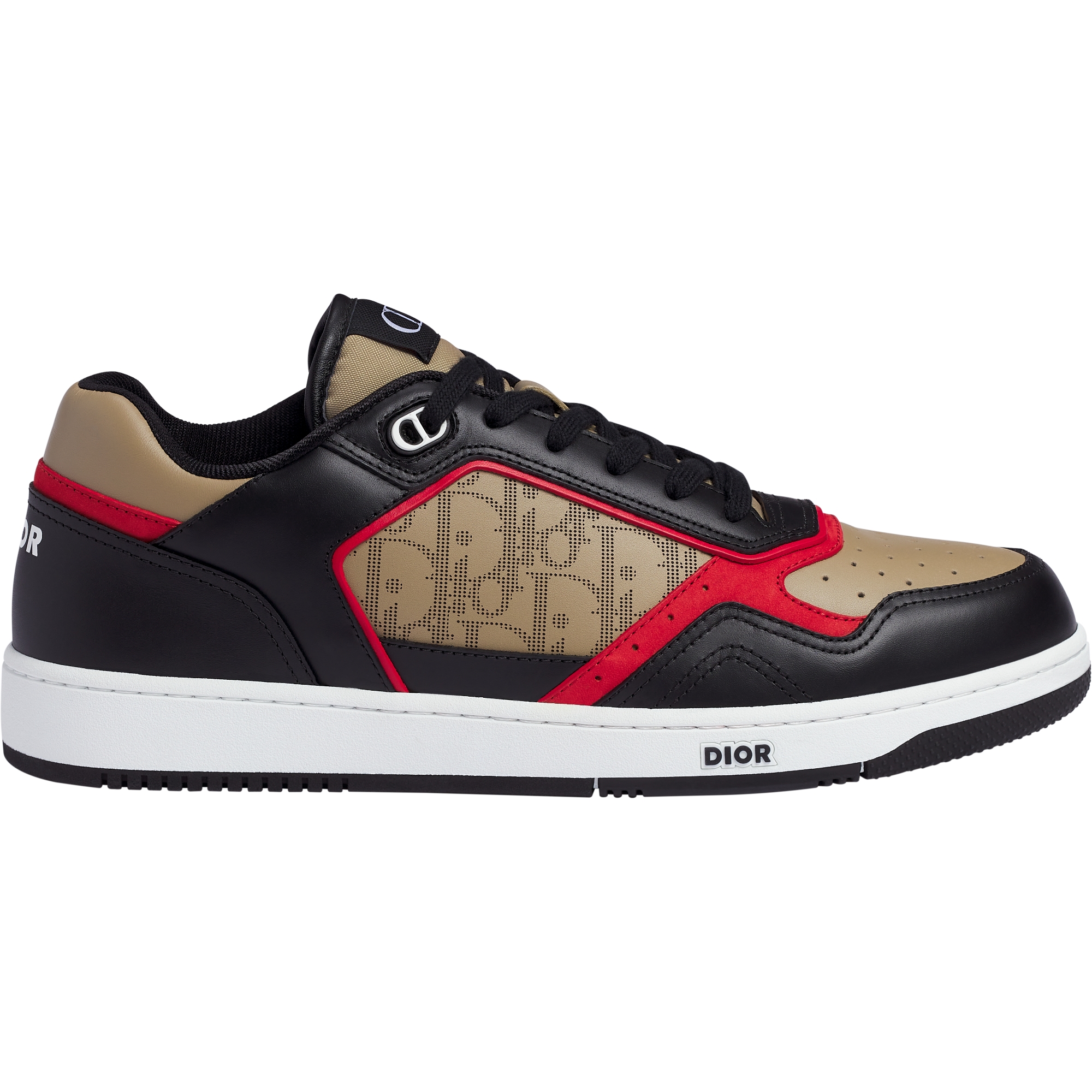 รองเท้าสนีกเกอร์ทรงข้อต่ำ B27 Uptown หนังลูกวัวแบบเรียบสีดำ สีครีม และสีแดง พร้อมหนัง Dior Oblique Galaxy สีครีม E02