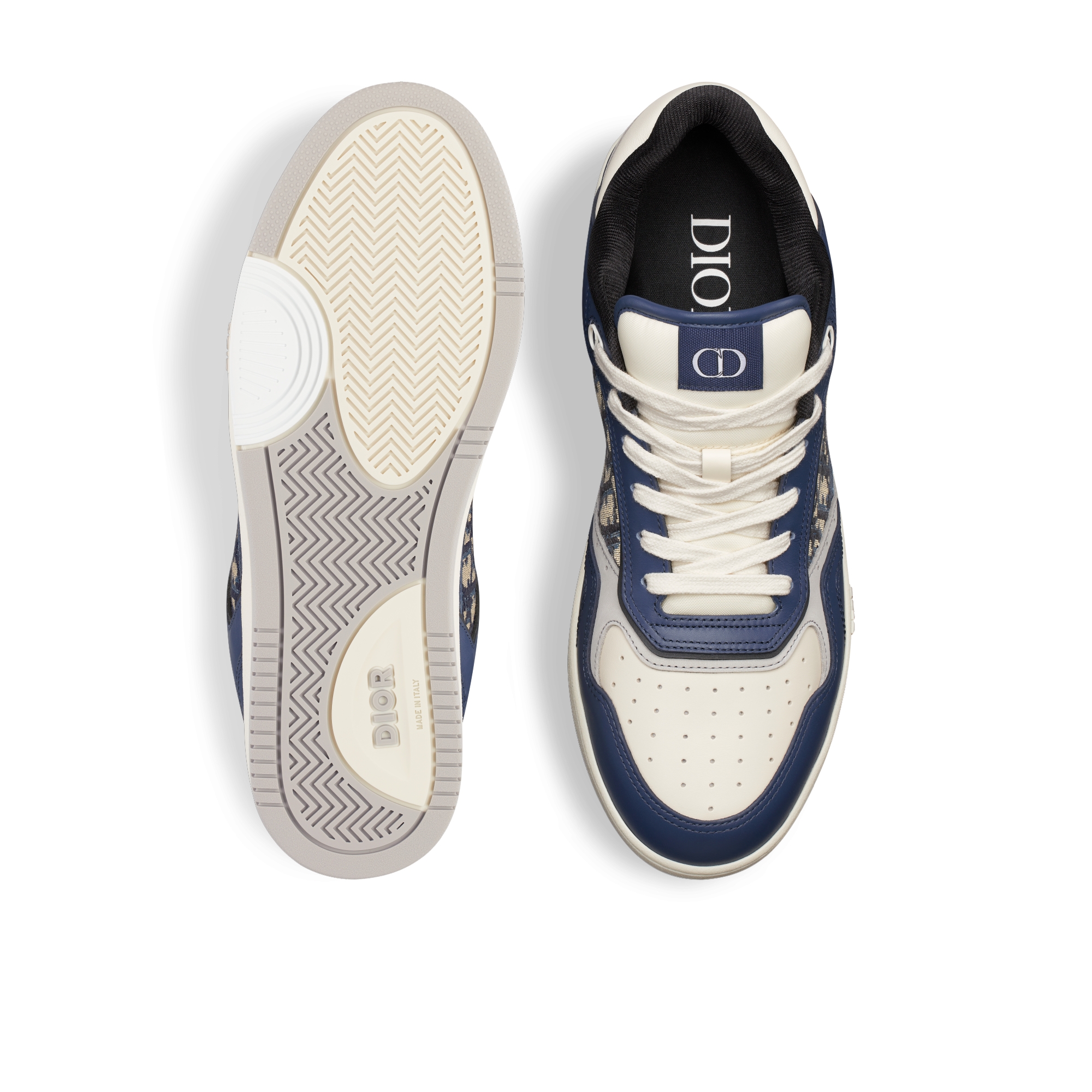Lage B27 Uptown-sneaker Soepel blauw, crèmekleurig en Dior-grijs kalfsleer met beige en zwarte Dior Oblique-jacquard E07