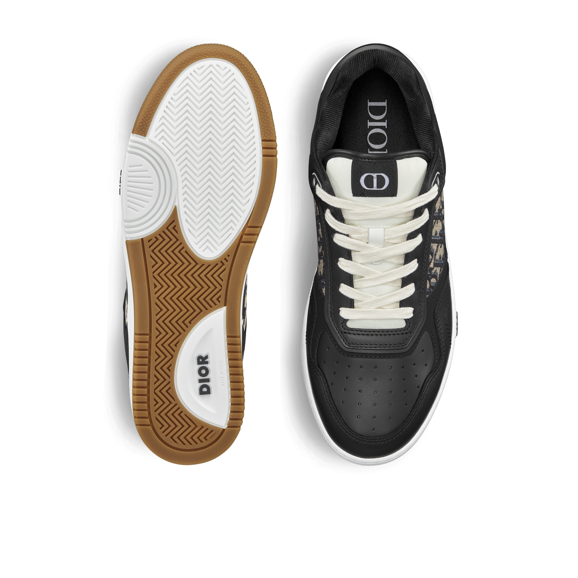 Sneaker B27 Uptown basse Cuir de veau lisse noir et jacquard Dior Oblique beige et noir E07