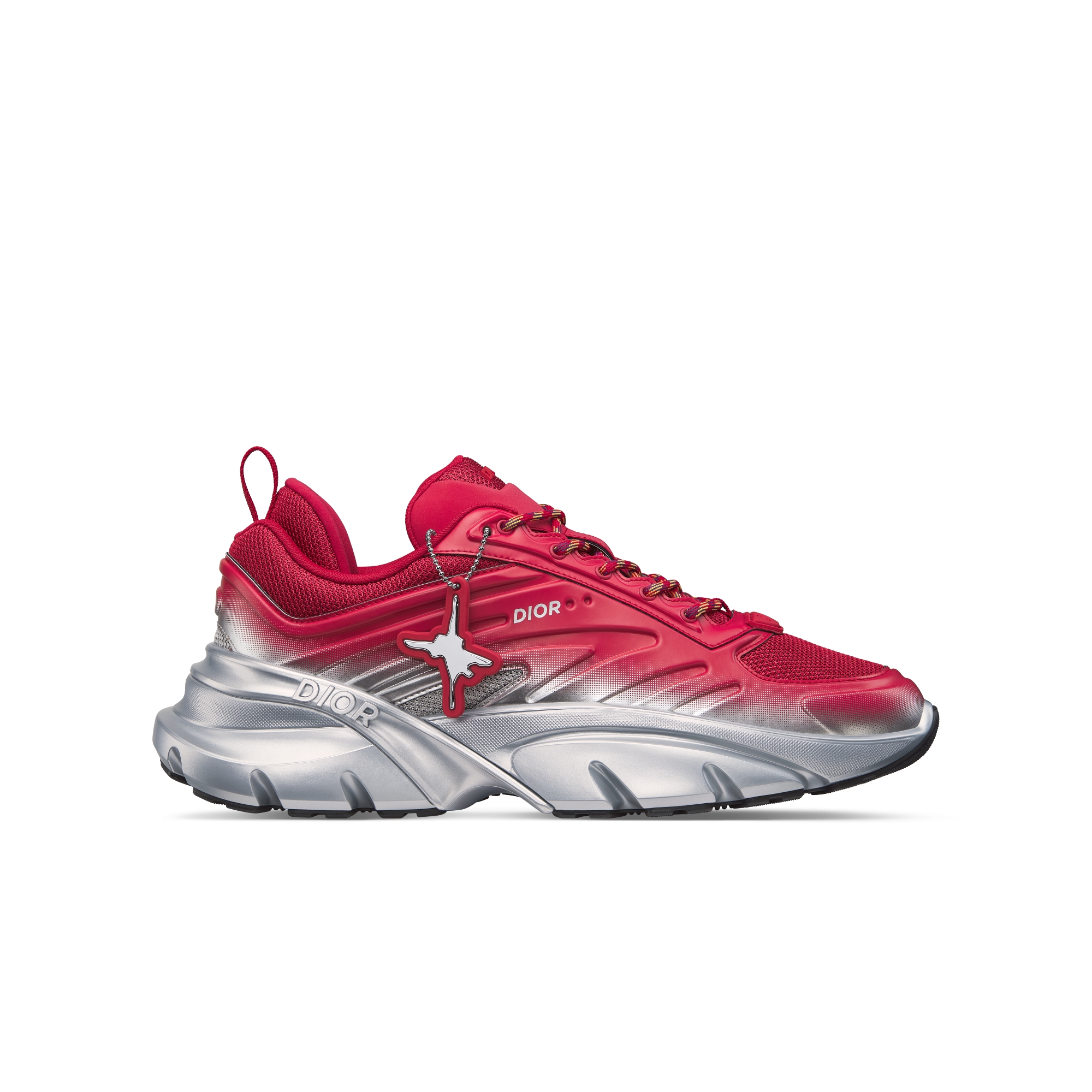 DIOR AND LEWIS HAMILTON B44 Blade-sneaker – BEPERKTE EN GENUMMERDE OPLAGE Mesh en technische stof, beide met rood naar zilverkleurig kleurverloop E02 Mesh en technische stof, beide met rood naar zilverkleurig kleurverloop