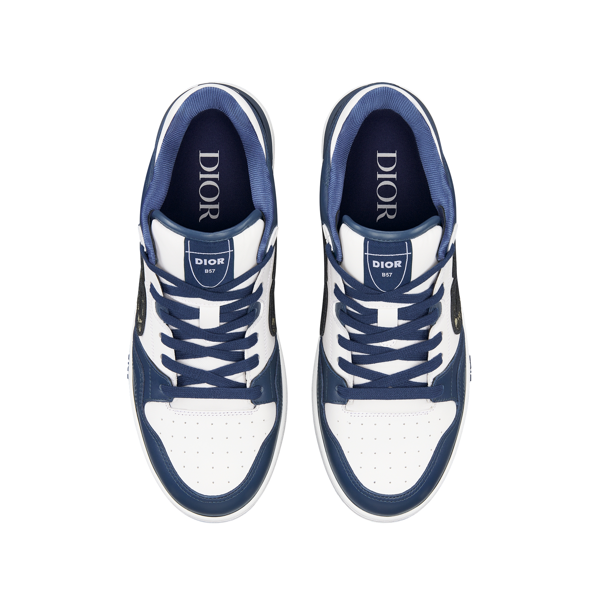 B57 Dribble Low-Top Sneaker Navy Blue and White Smooth Calfskin with Beige and Black Dior Oblique Jacquard E06