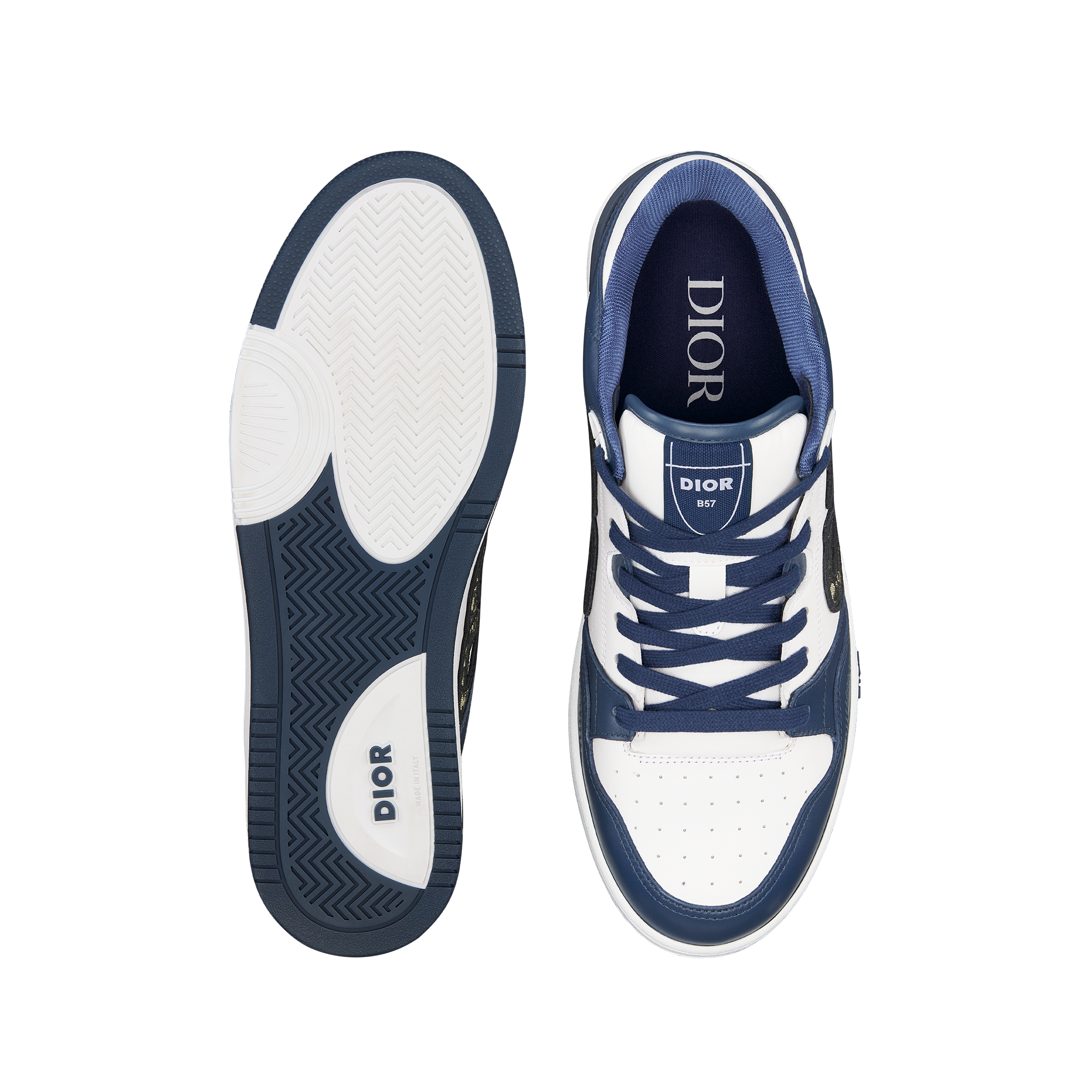 B57 Dribble Low-Top Sneaker Navy Blue and White Smooth Calfskin with Beige and Black Dior Oblique Jacquard E07
