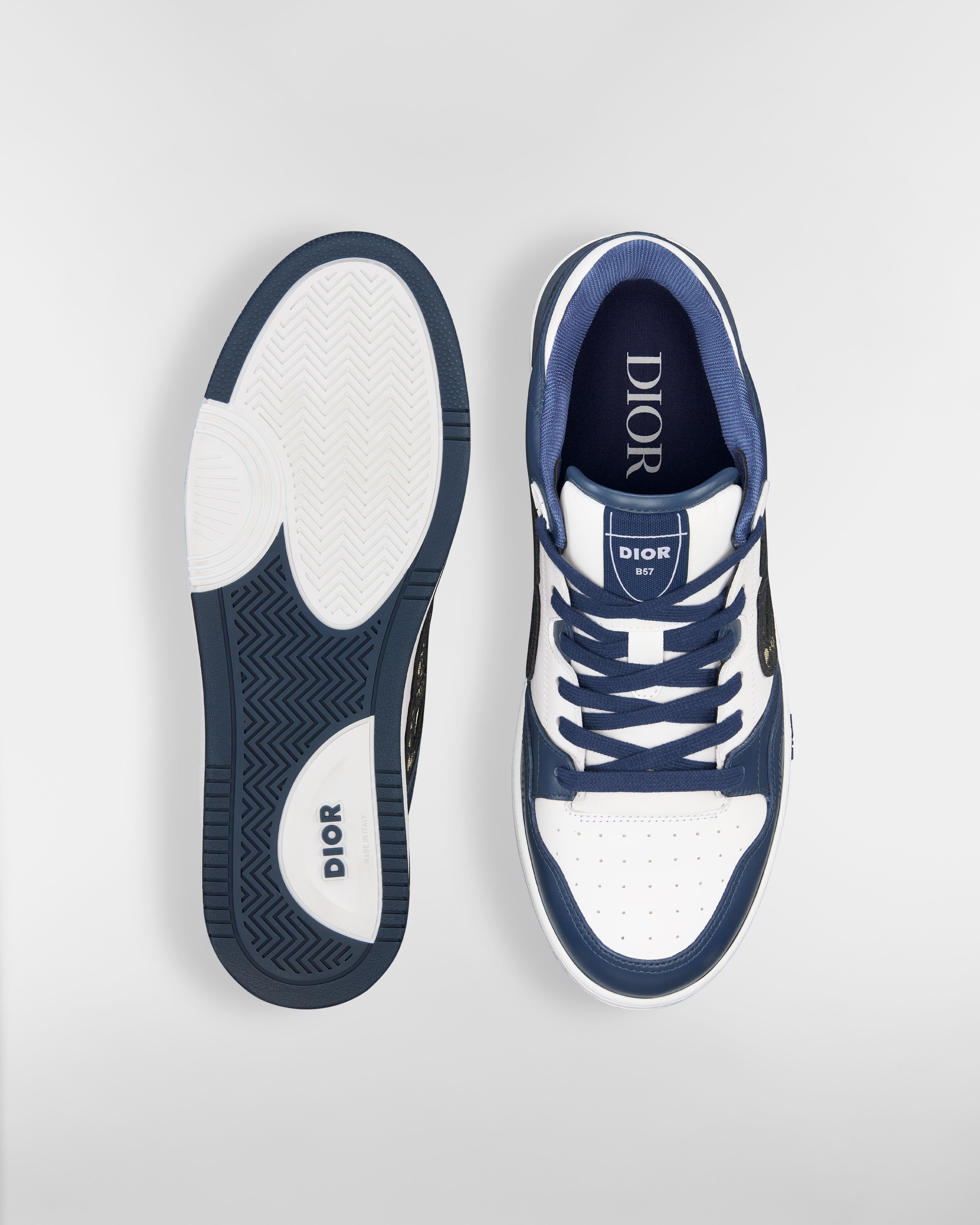 B57 Dribble Low-Top Sneaker Navy Blue and White Smooth Calfskin with Beige and Black Dior Oblique Jacquard E07