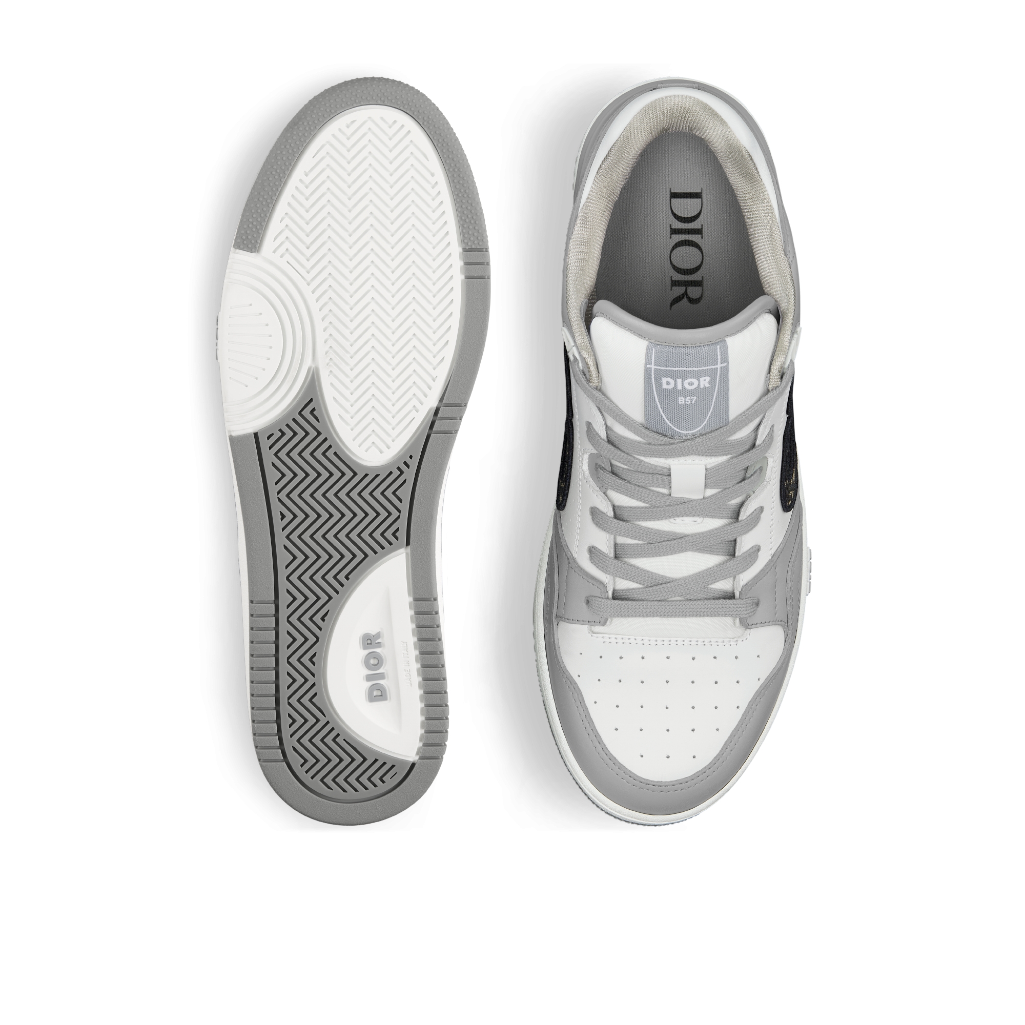 B57 Dribble Low Top Sneaker Glattes Kalbsleder in Dior Grau und Weiß mit Dior Oblique Jacquard in Beige und Schwarz E07