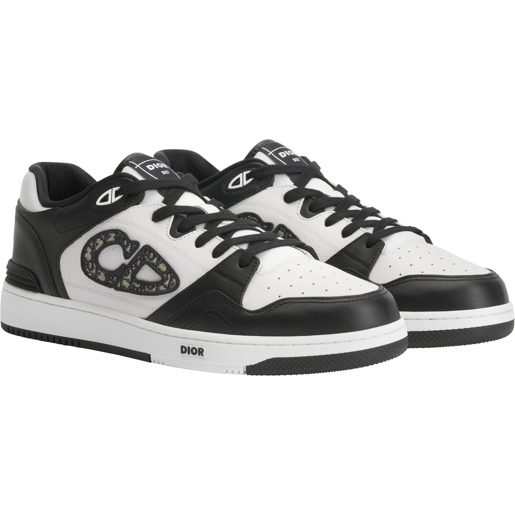 B57 Dribble Low-Top Sneaker Black and White Smooth Calfskin with Beige and Black Dior Oblique Jacquard E03