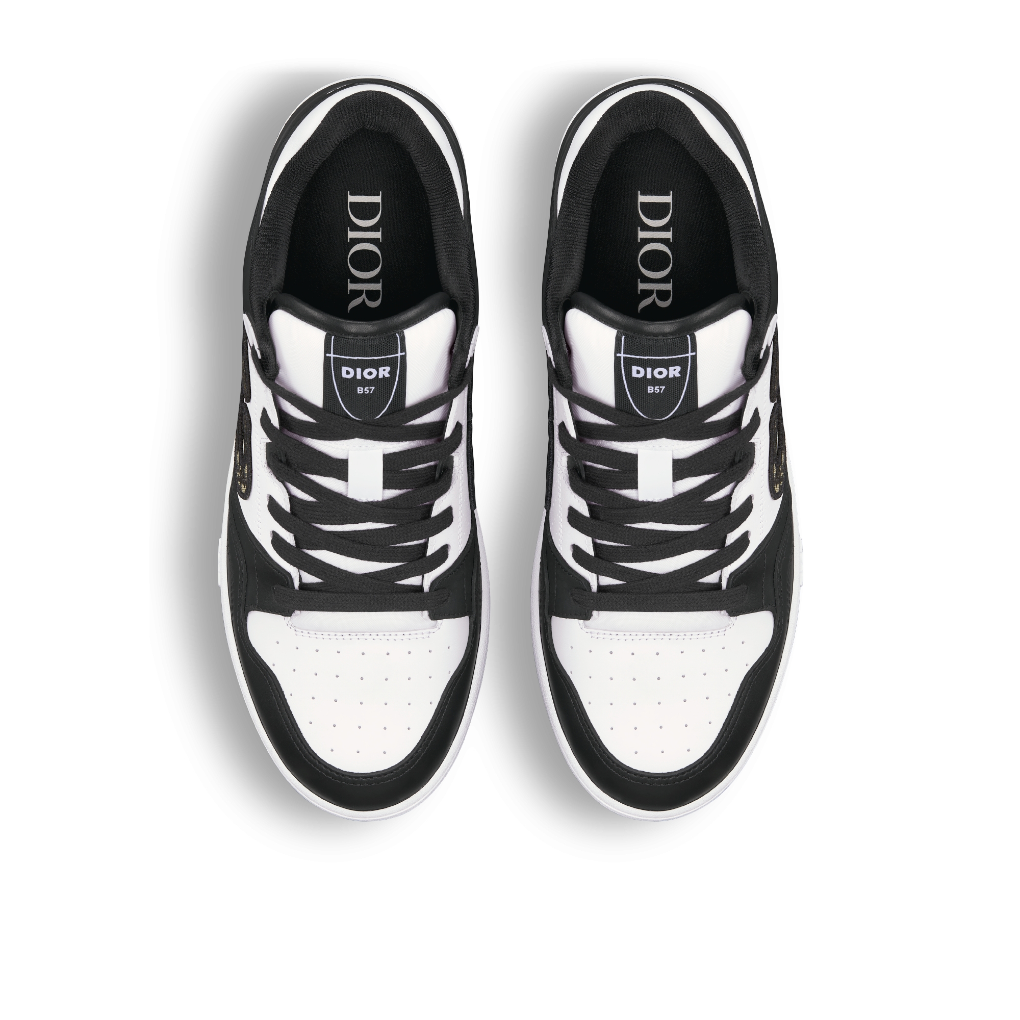 B57 Dribble Low Top Sneaker Glattes Kalbsleder in Schwarz und Weiß mit Dior Oblique Jacquard in Beige und Schwarz E06