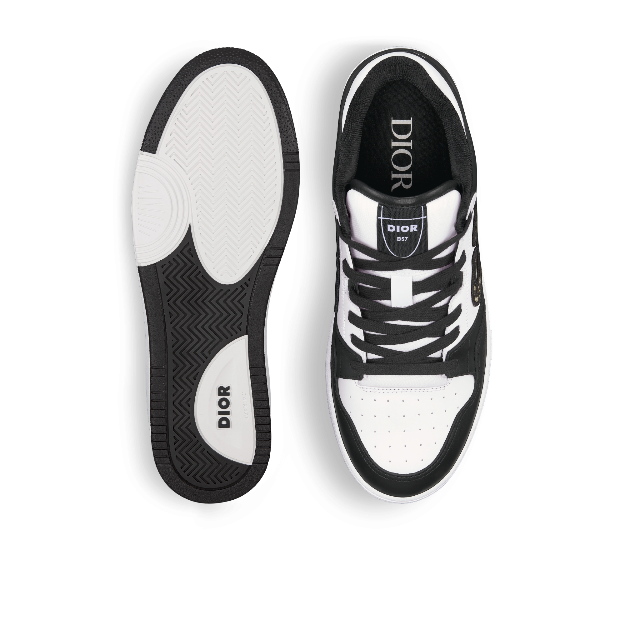 B57 Dribble Low Top Sneaker Glattes Kalbsleder in Schwarz und Weiß mit Dior Oblique Jacquard in Beige und Schwarz E07