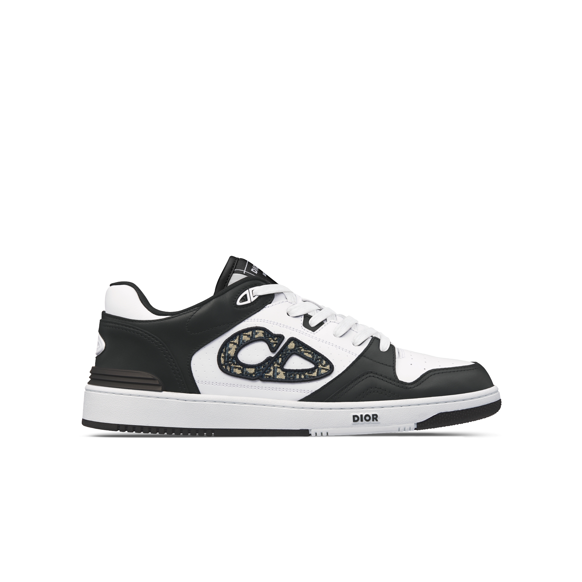 B57 Dribble Low Top Sneaker Glattes Kalbsleder in Schwarz und Weiß mit Dior Oblique Jacquard in Beige und Schwarz E10