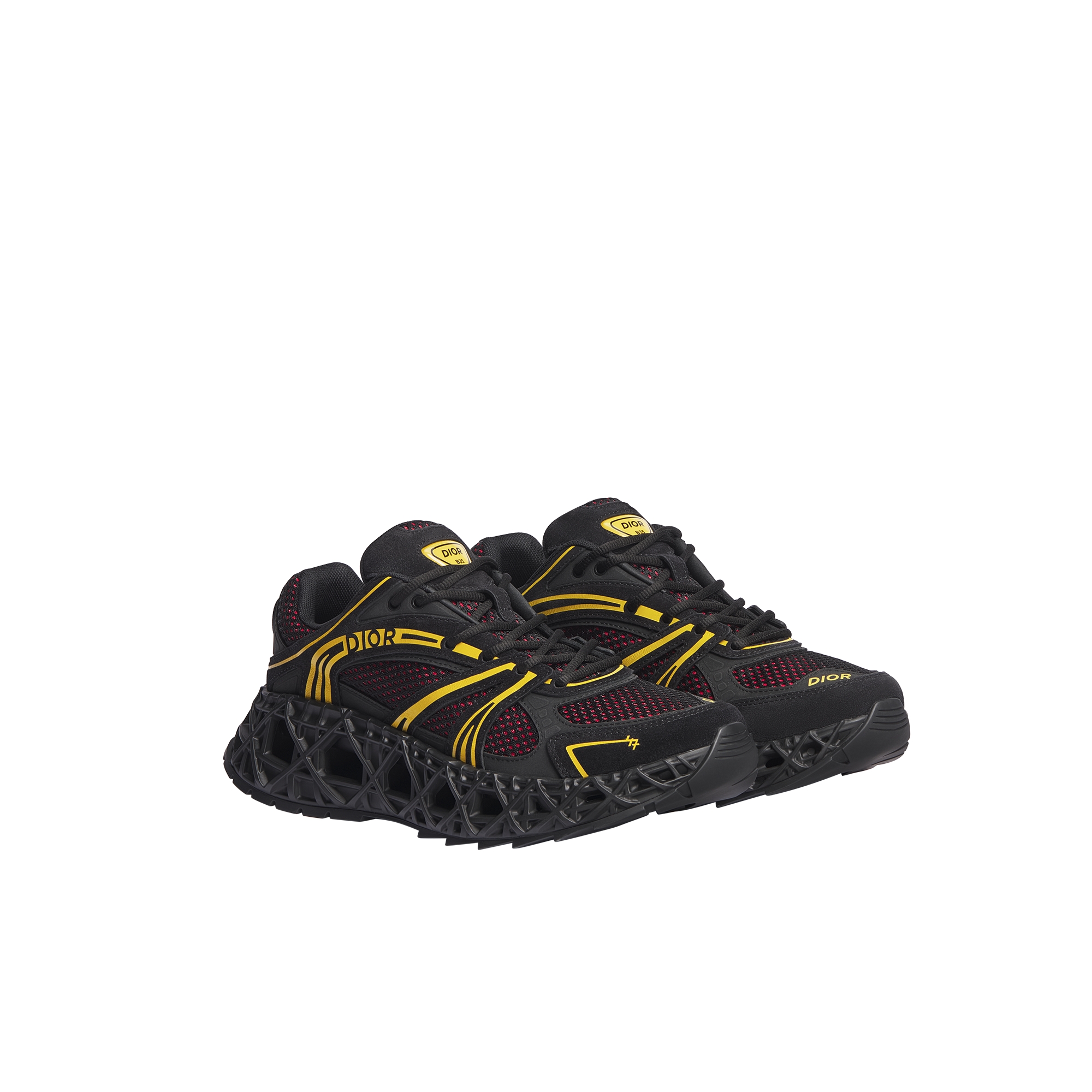 B35 NXXT Sneaker Black Suede, Black and Yellow Technical Fabric and Red Technical Mesh E03