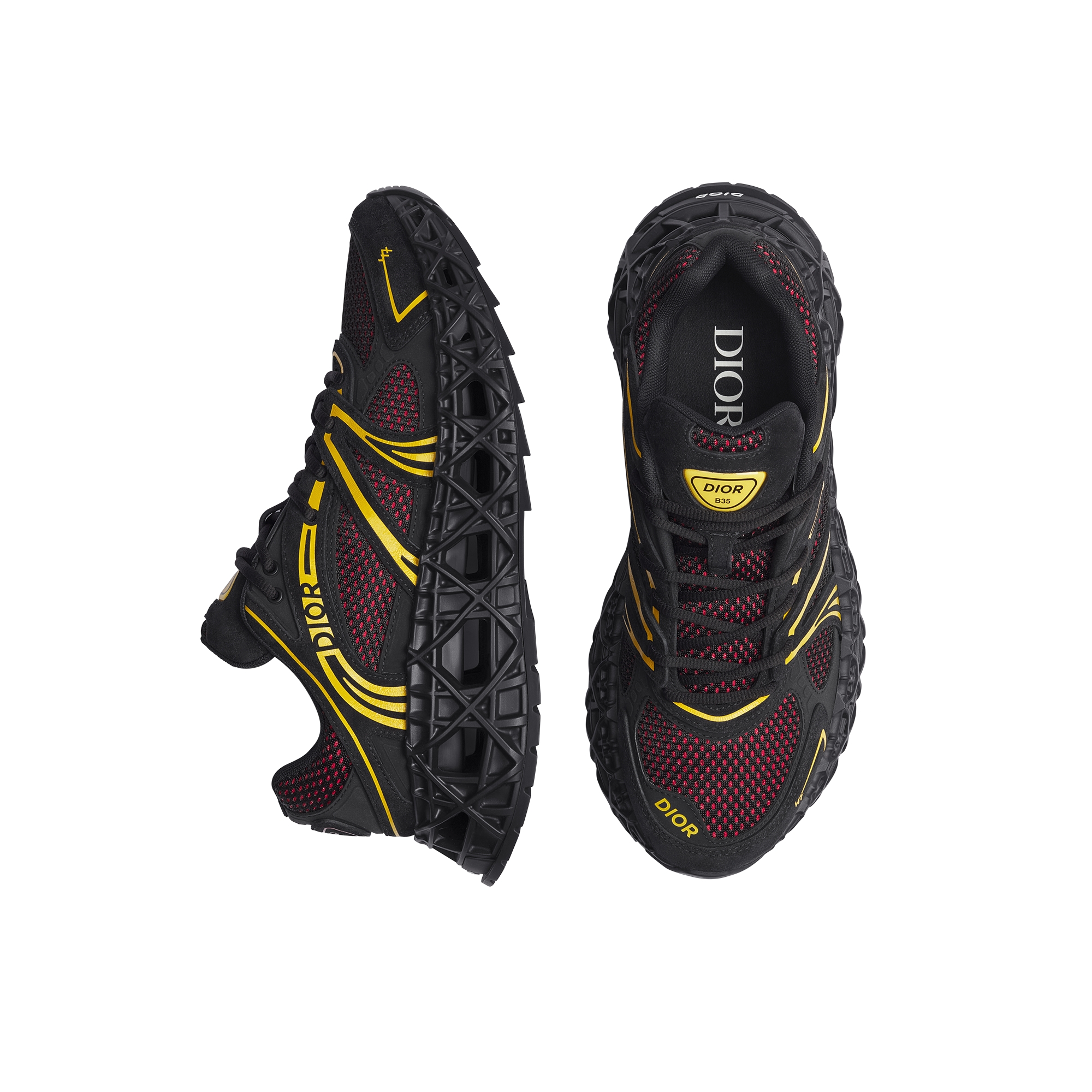 B35 NXXT Sneaker Black Suede, Black and Yellow Technical Fabric and Red Technical Mesh E09