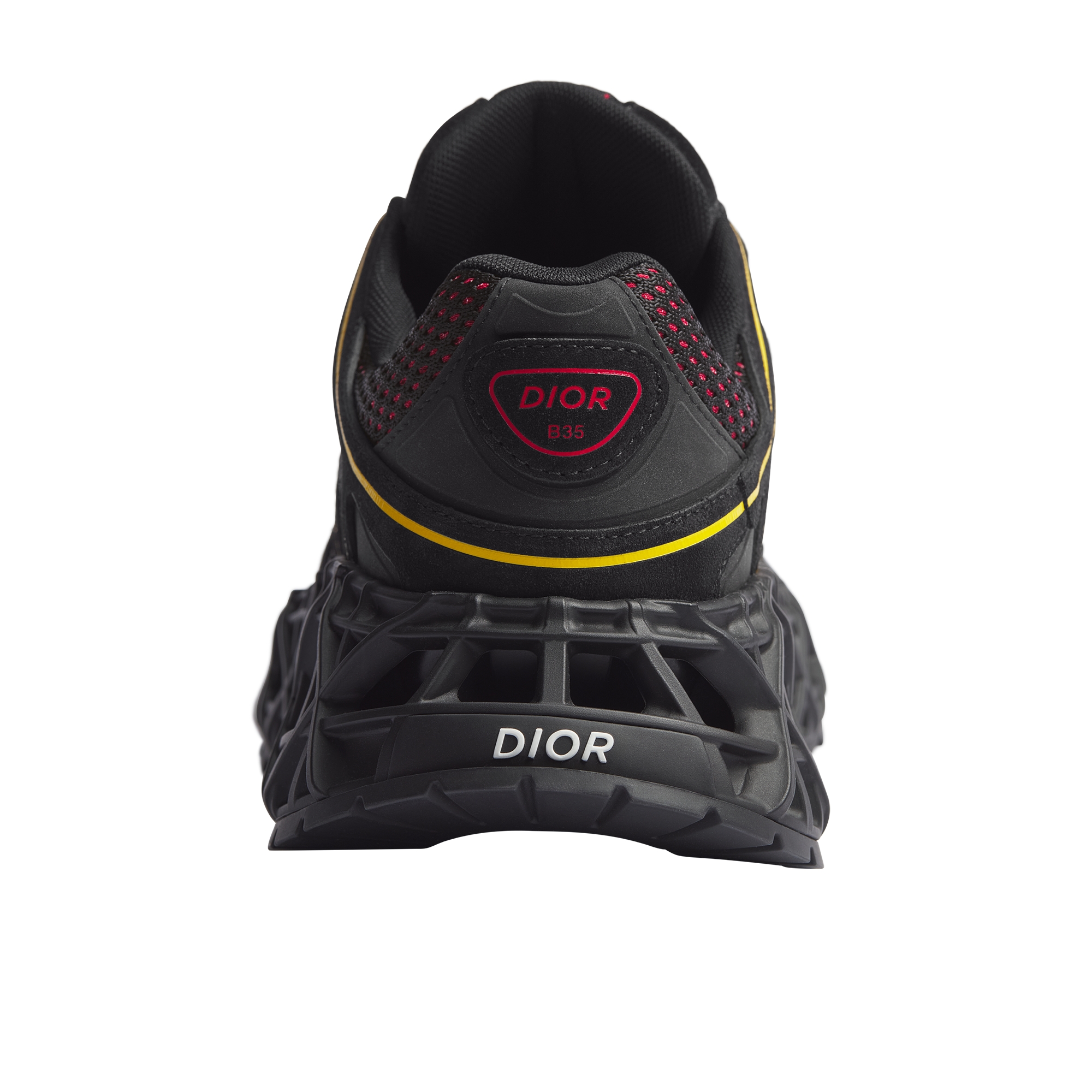 B35 NXXT Sneaker Black Suede, Black and Yellow Technical Fabric and Red Technical Mesh E10