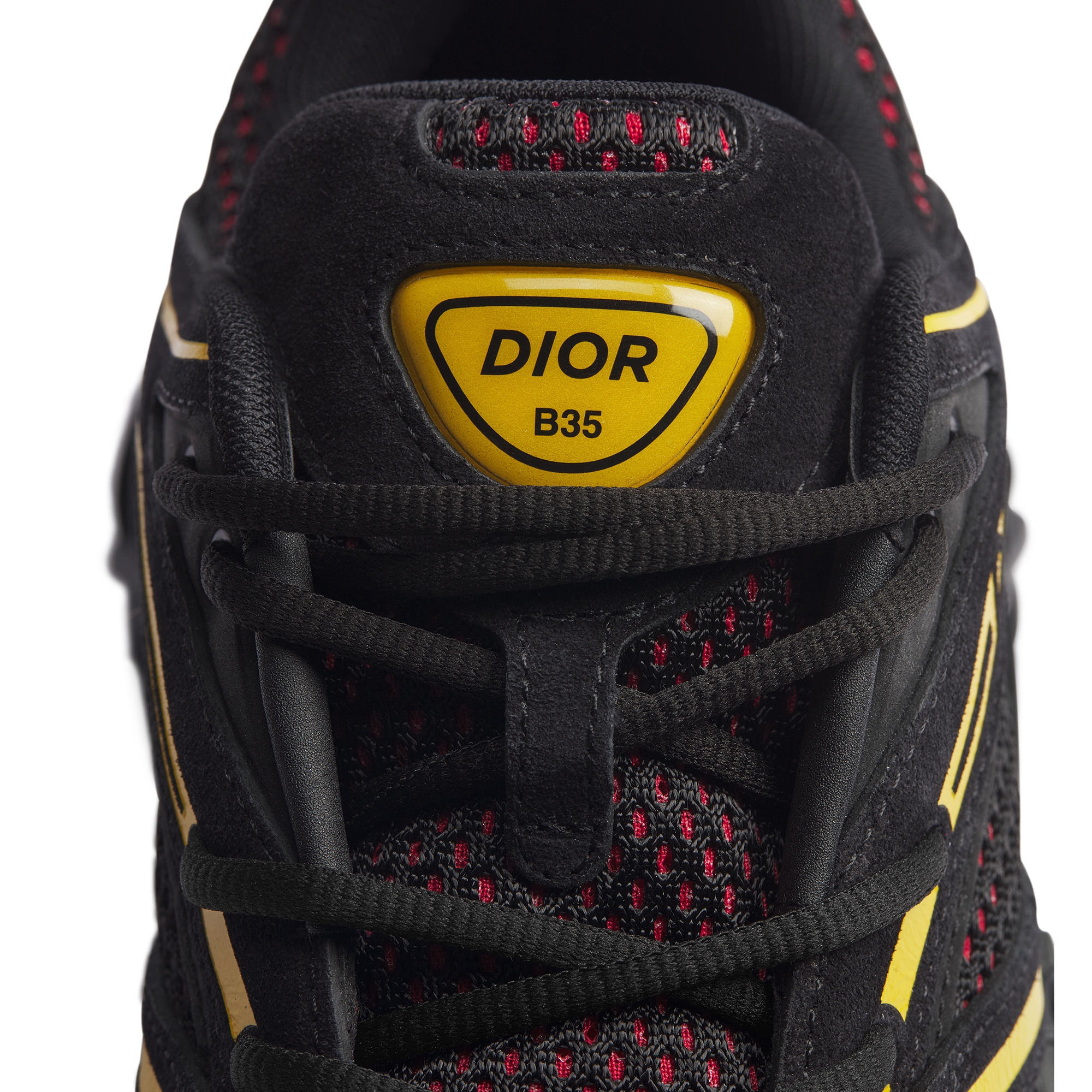 B35 NXXT Sneaker Black Suede, Black and Yellow Technical Fabric and Red Technical Mesh E12