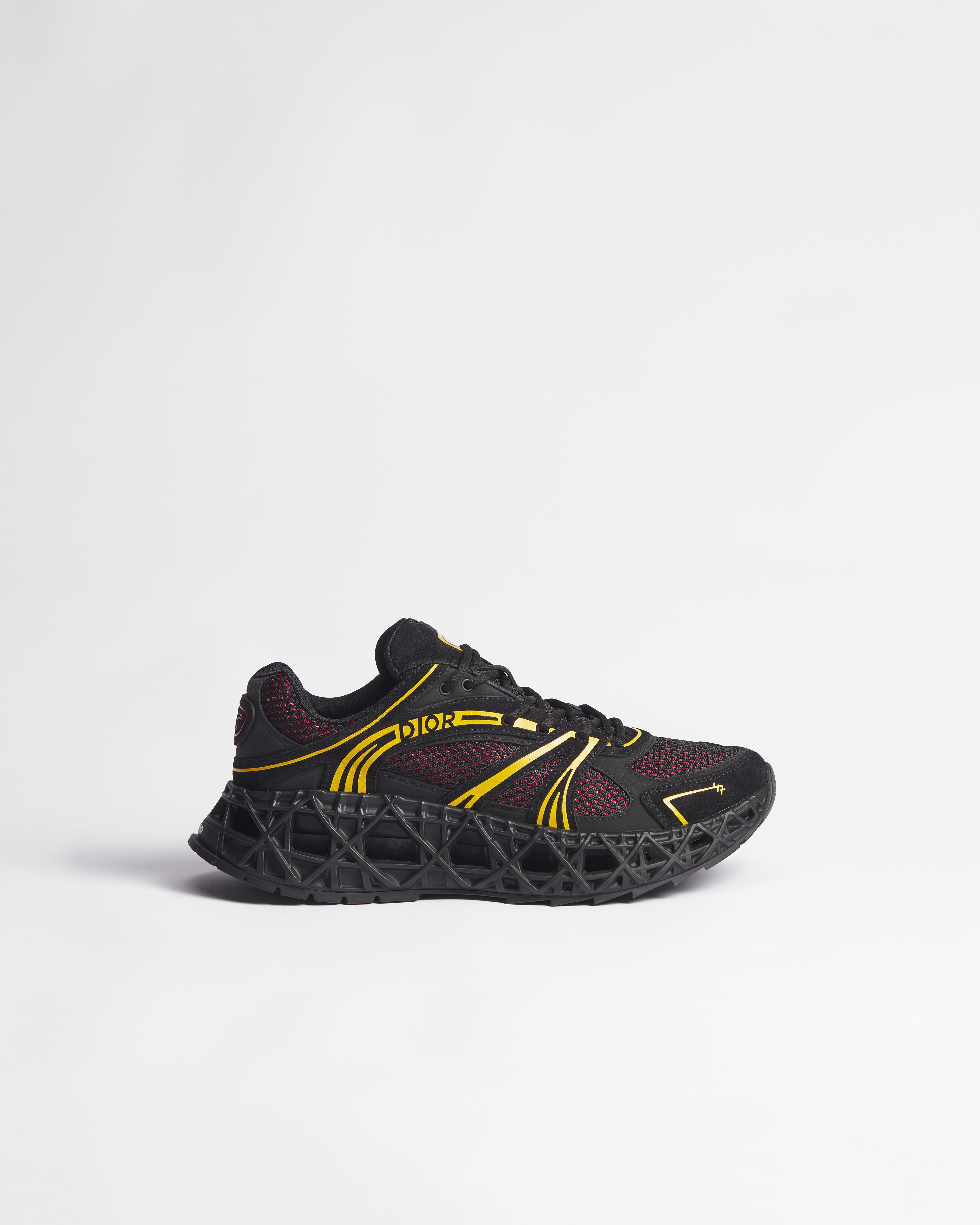 B35 NXXT Sneaker Black Suede, Black and Yellow Technical Fabric and Red Technical Mesh E02