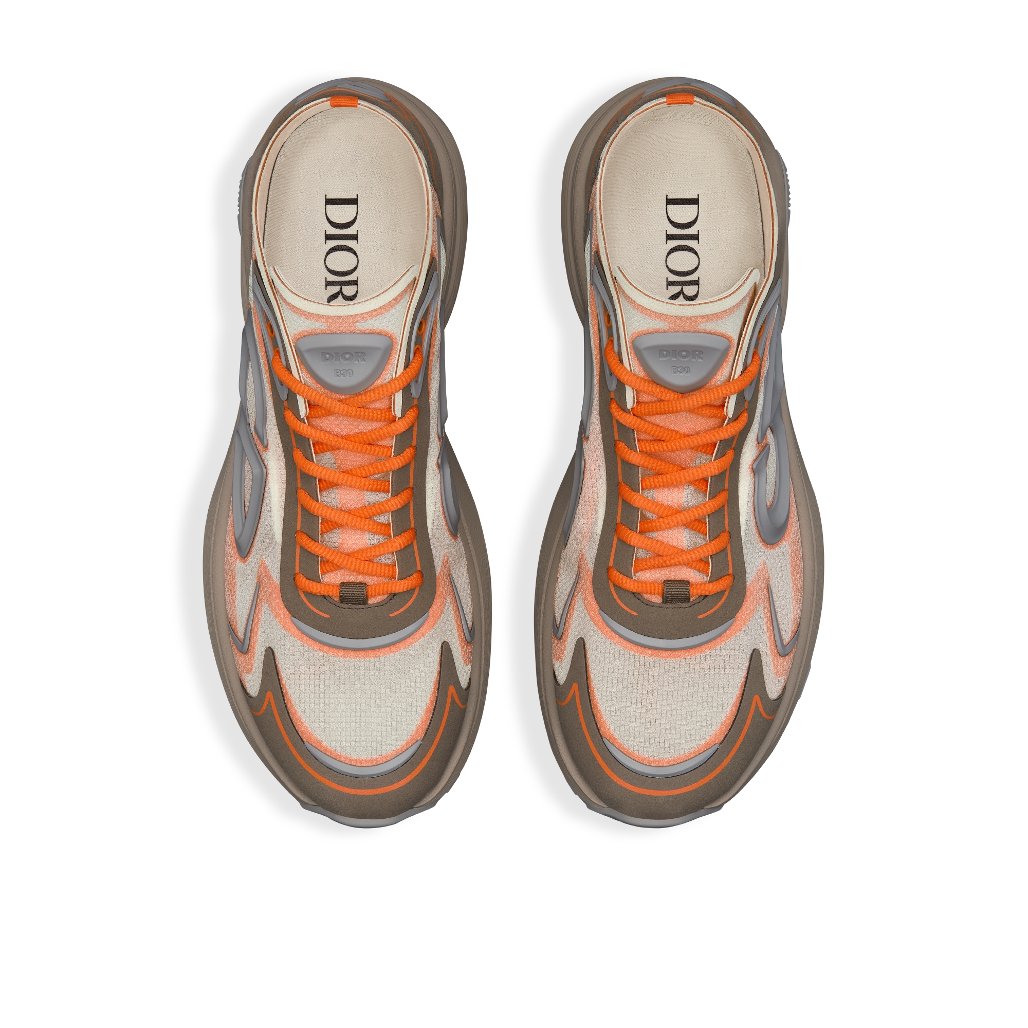 Sneaker B30 Countdown Tech Nylon N3O semitransparente bege, tecido técnico marrom e laranja e borracha cinza E06