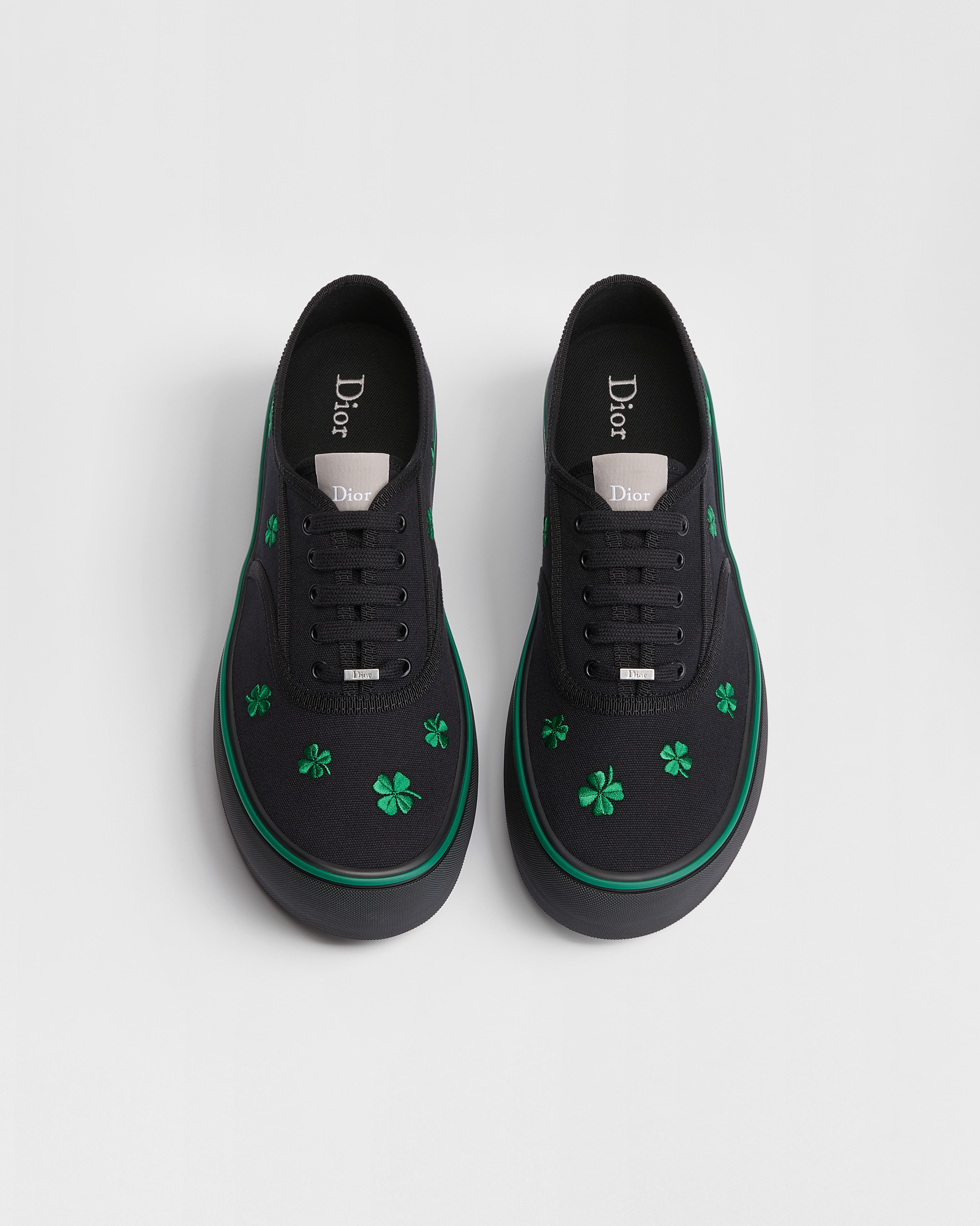 Dior Saltwind Sneaker Black Cotton Embroidered with Bright Green Dior Clover Motif E06