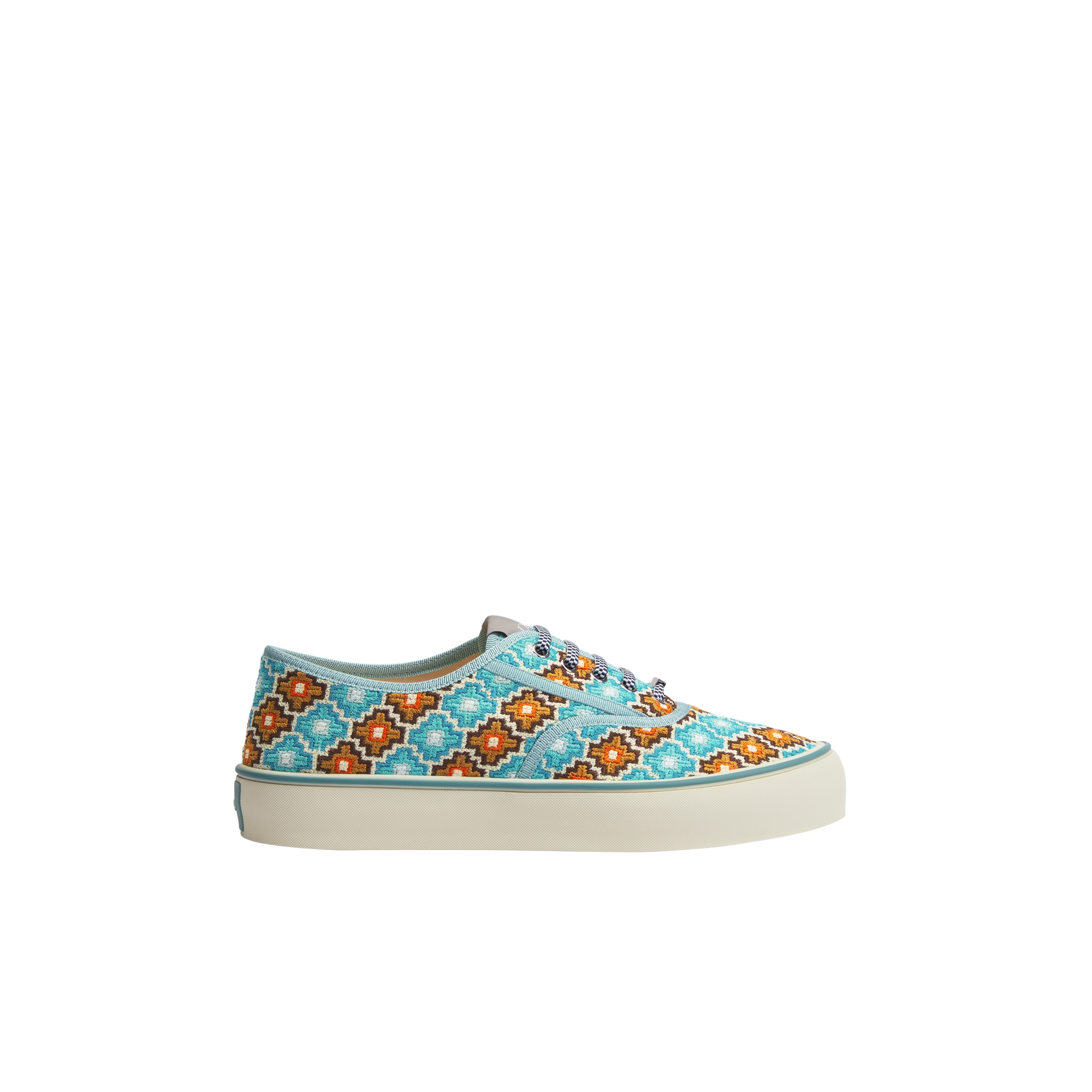 Dior Saltwind Sneaker Cotton Embroidered with Light Blue and Orange Geometric Pattern E02