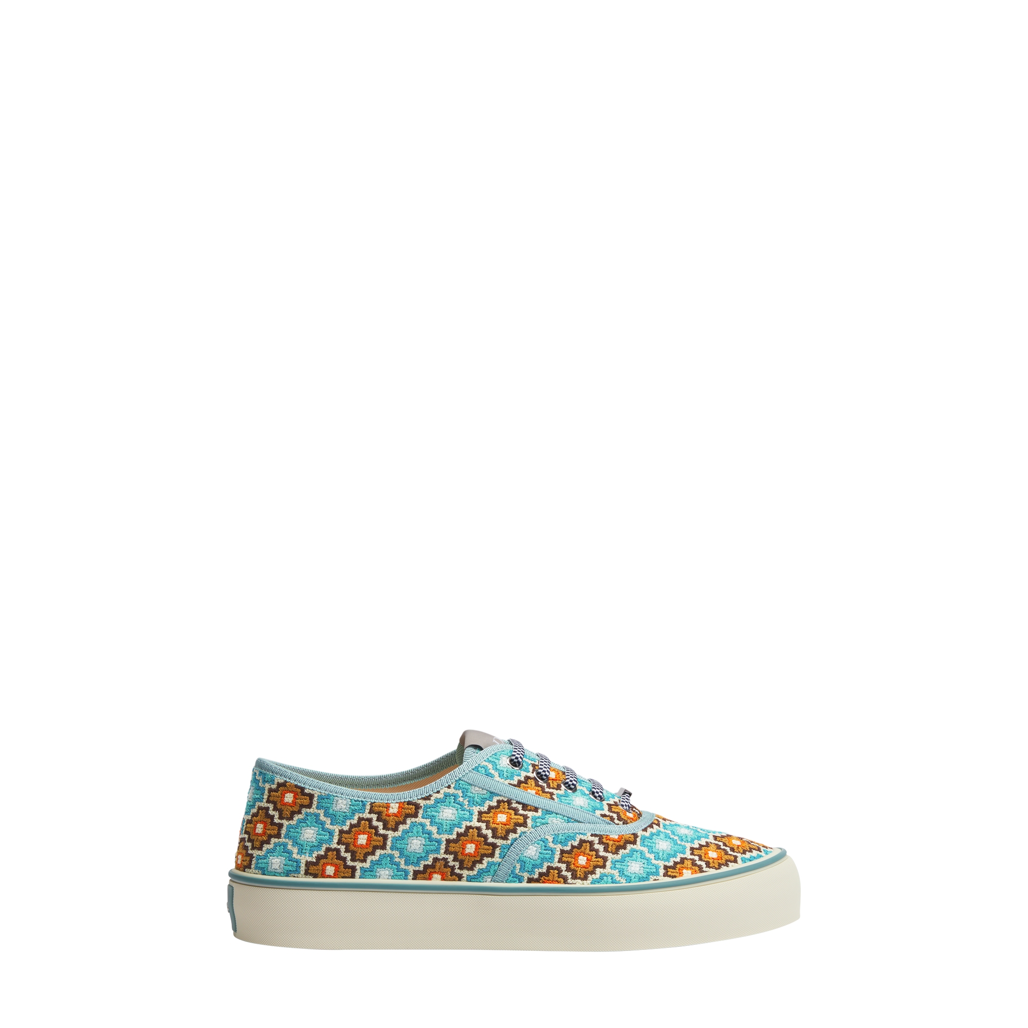 Dior Saltwind Sneaker Cotton Embroidered with Light Blue and Orange Geometric Pattern E02