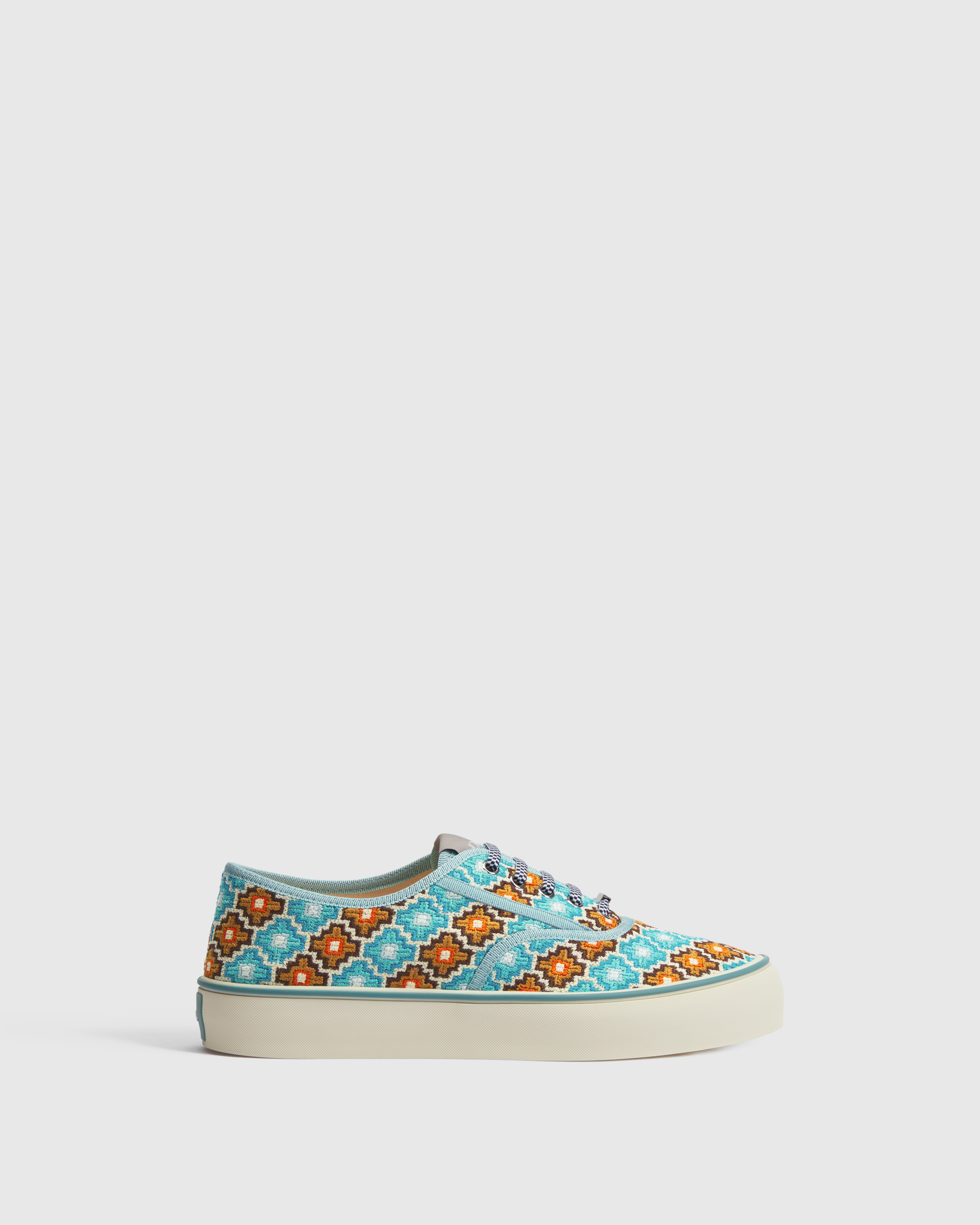 Dior Saltwind Sneaker Cotton Embroidered with Light Blue and Orange Geometric Pattern E02