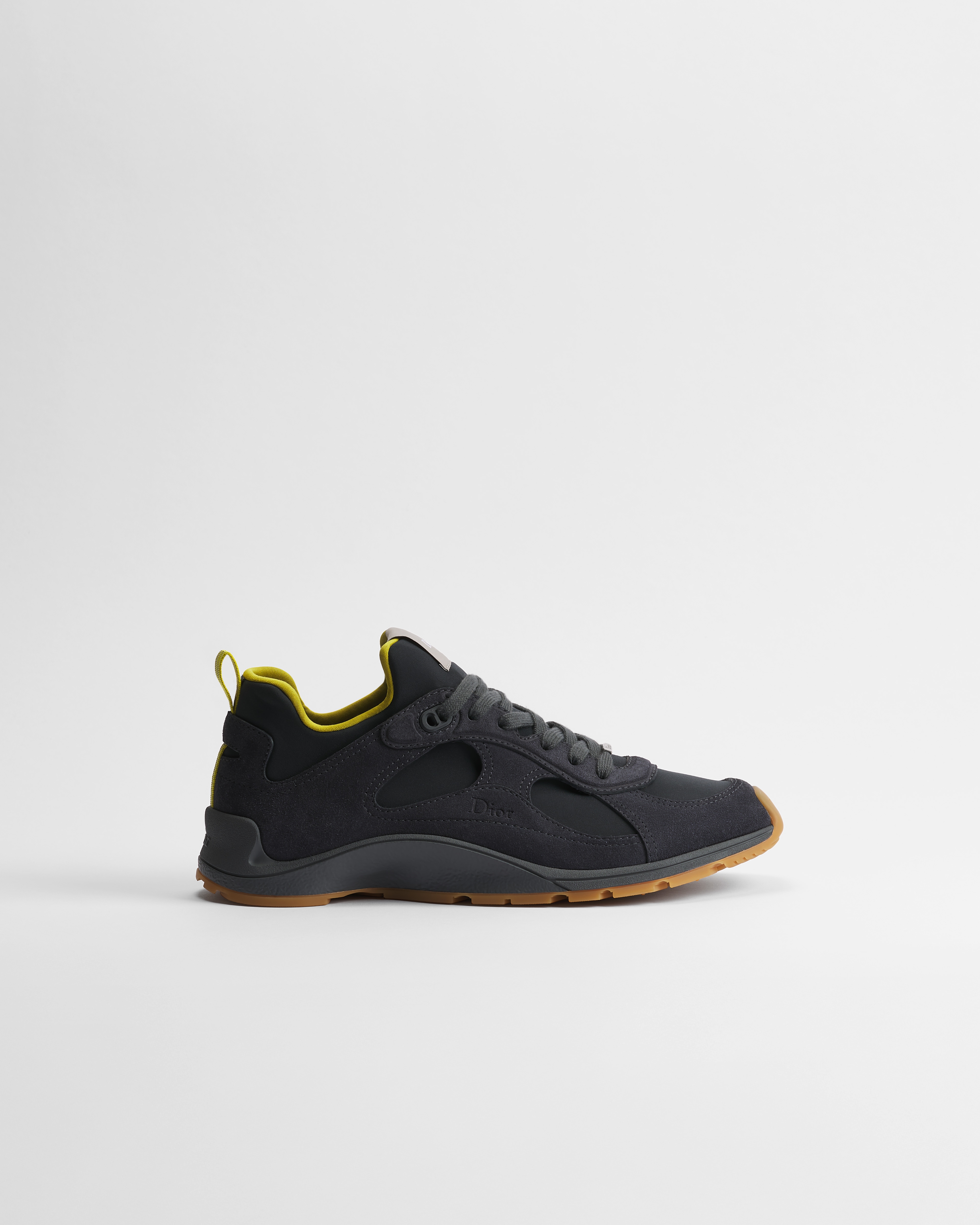 Dior Mile Sneaker Kalbsveloursleder in Dunkelgrau und Neopren in Dunkelgrau und Gelb E02