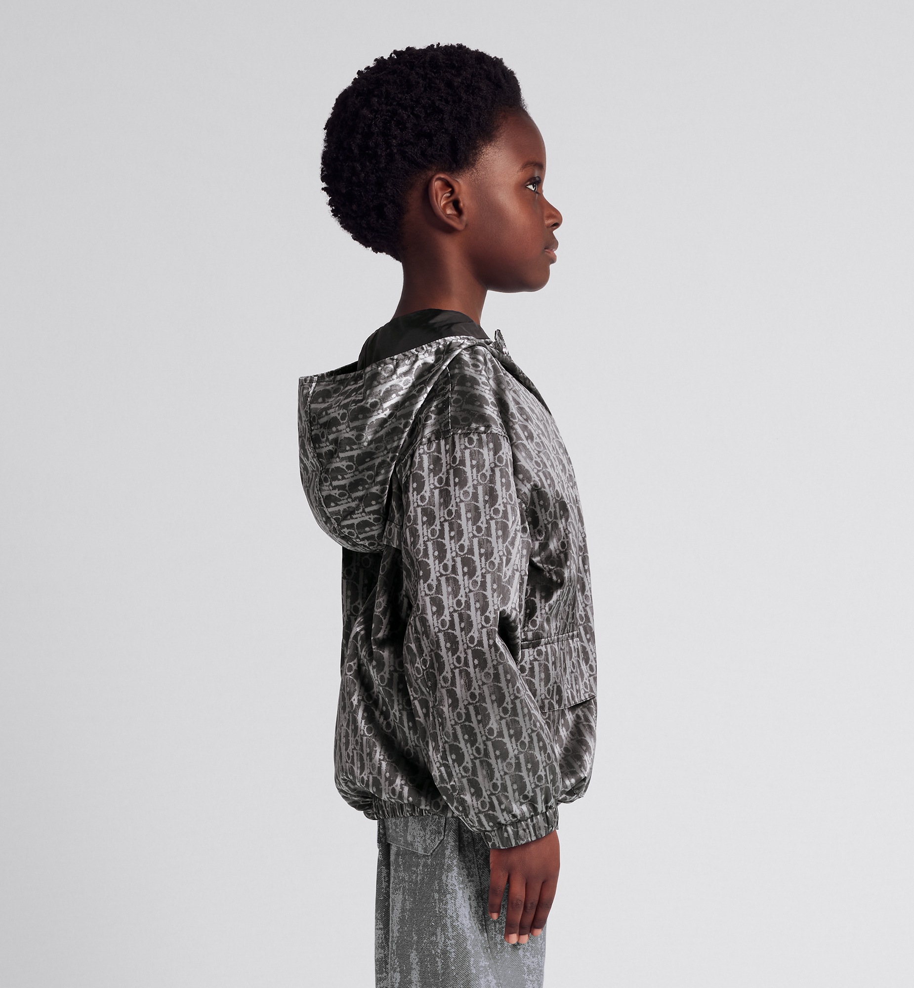 Kids' Hooded Windbreaker Metallic Gray Dior Oblique Water-Repellent Technical Jacquard E12