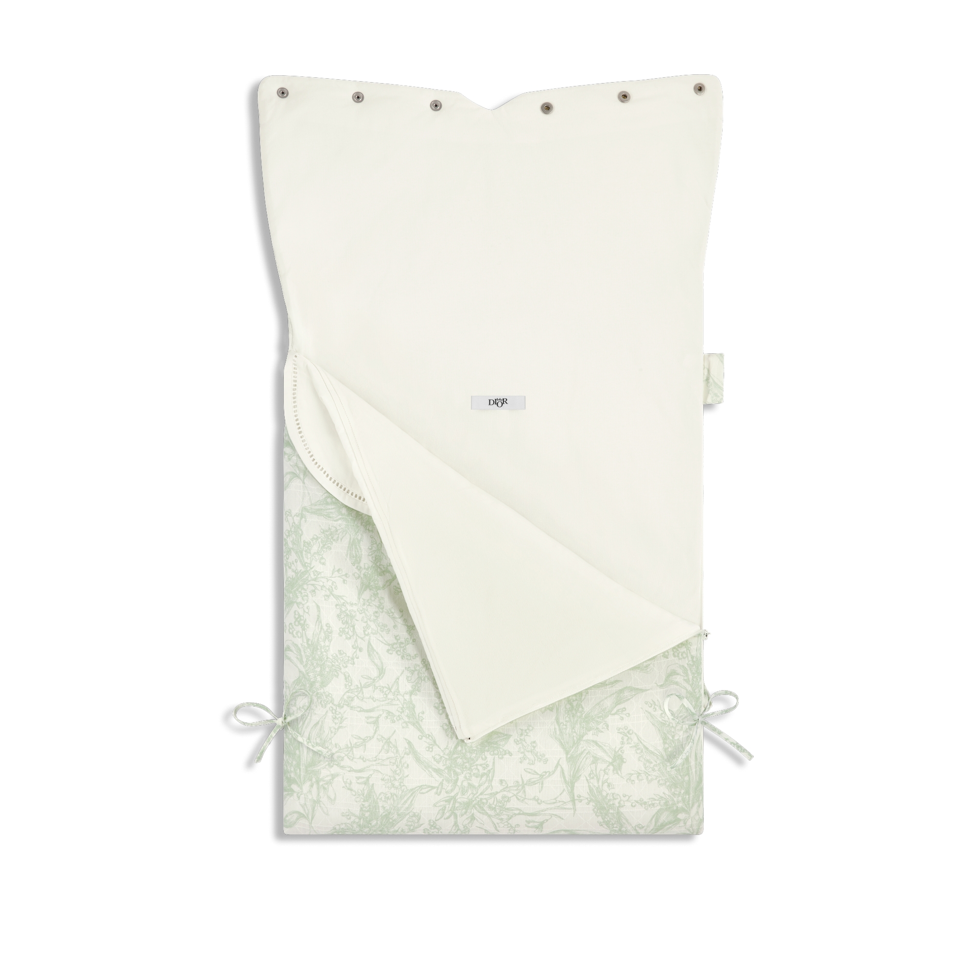 Slaapzak Ivoorkleurige katoenvoile met jacquardgeweven Cannage-motief en groene lelietje-van-dalen-print E03