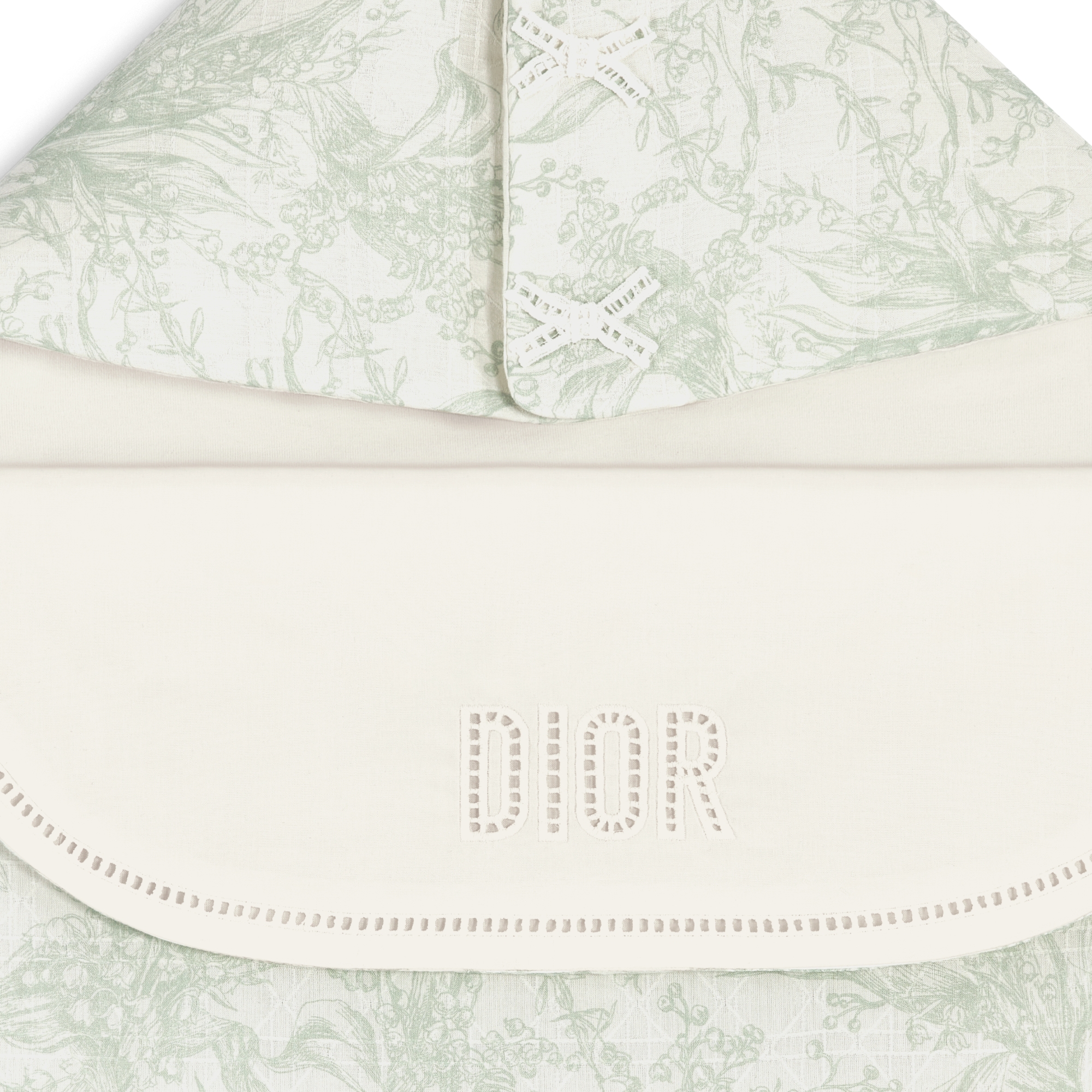 Slaapzak Ivoorkleurige katoenvoile met jacquardgeweven Cannage-motief en groene lelietje-van-dalen-print E09