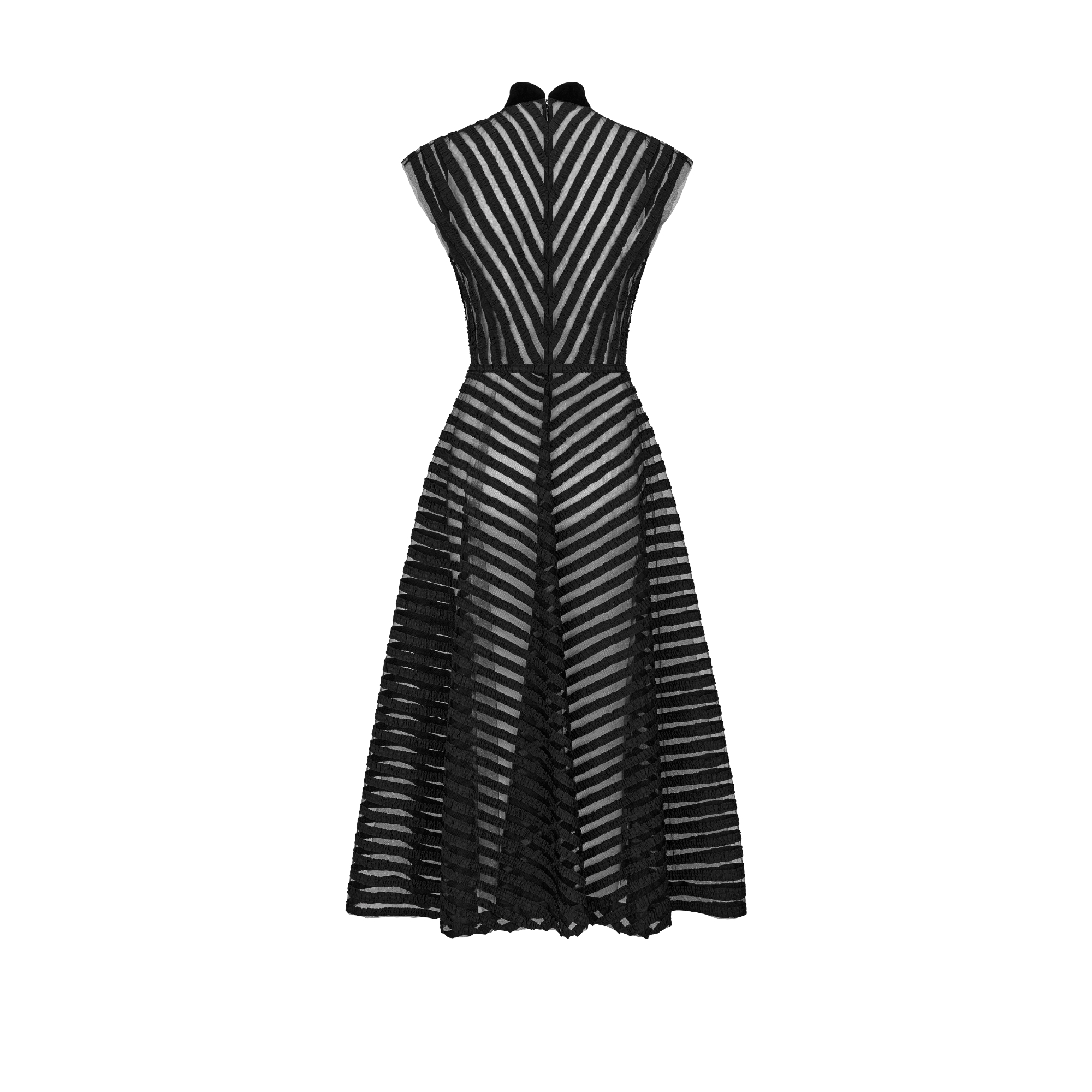 Mid-Length Embroidered Dress Black Tulle Embroidered with Ribbons and Velvet E08