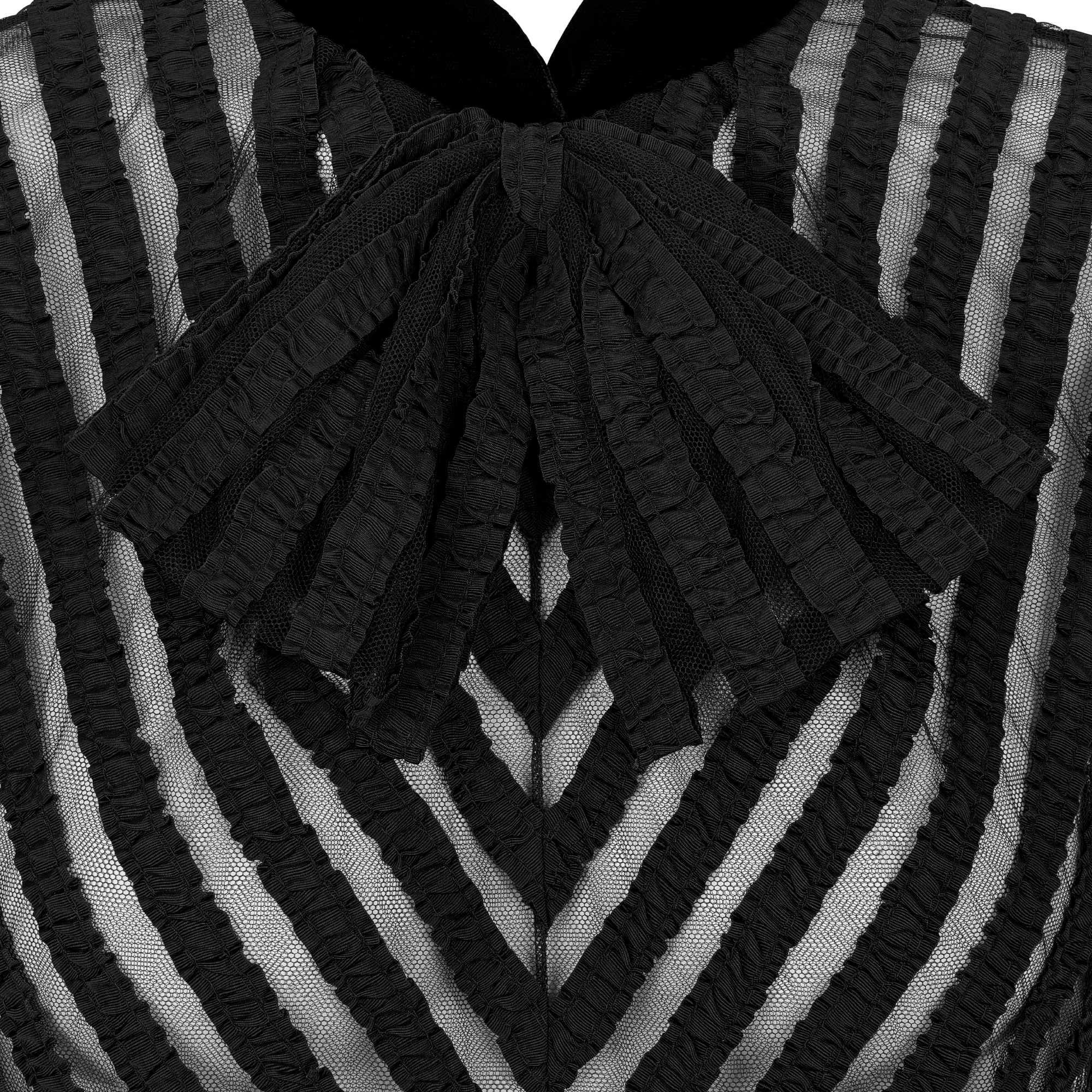 Mid-Length Embroidered Dress Black Tulle Embroidered with Ribbons and Velvet E09