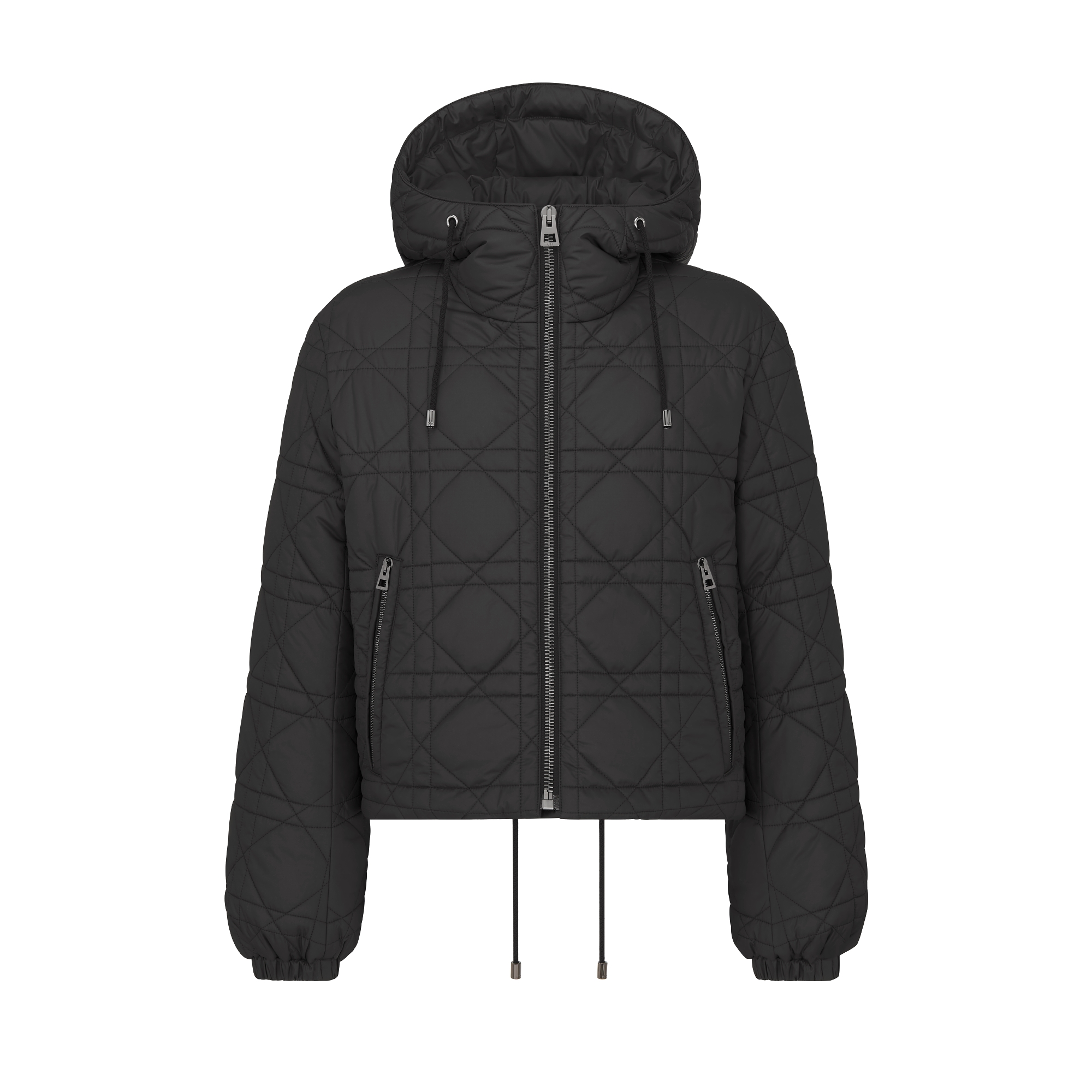 DiorAlps Macrocannage Hooded Cropped Puffer Jacket Black Quilted Technical Taffeta E01