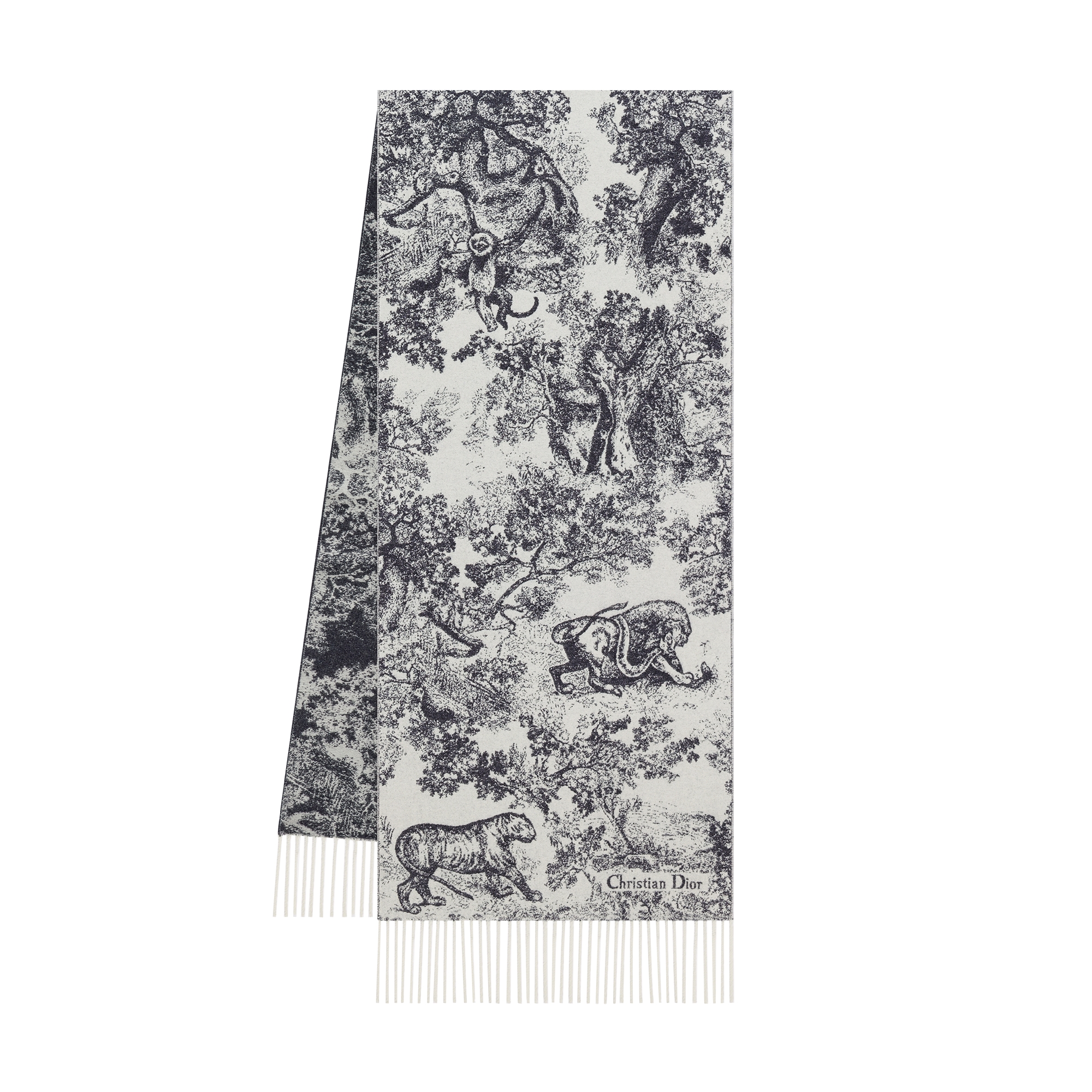 Toile de Jouy Sauvage Scarf Navy Blue Cashmere and Wool E03