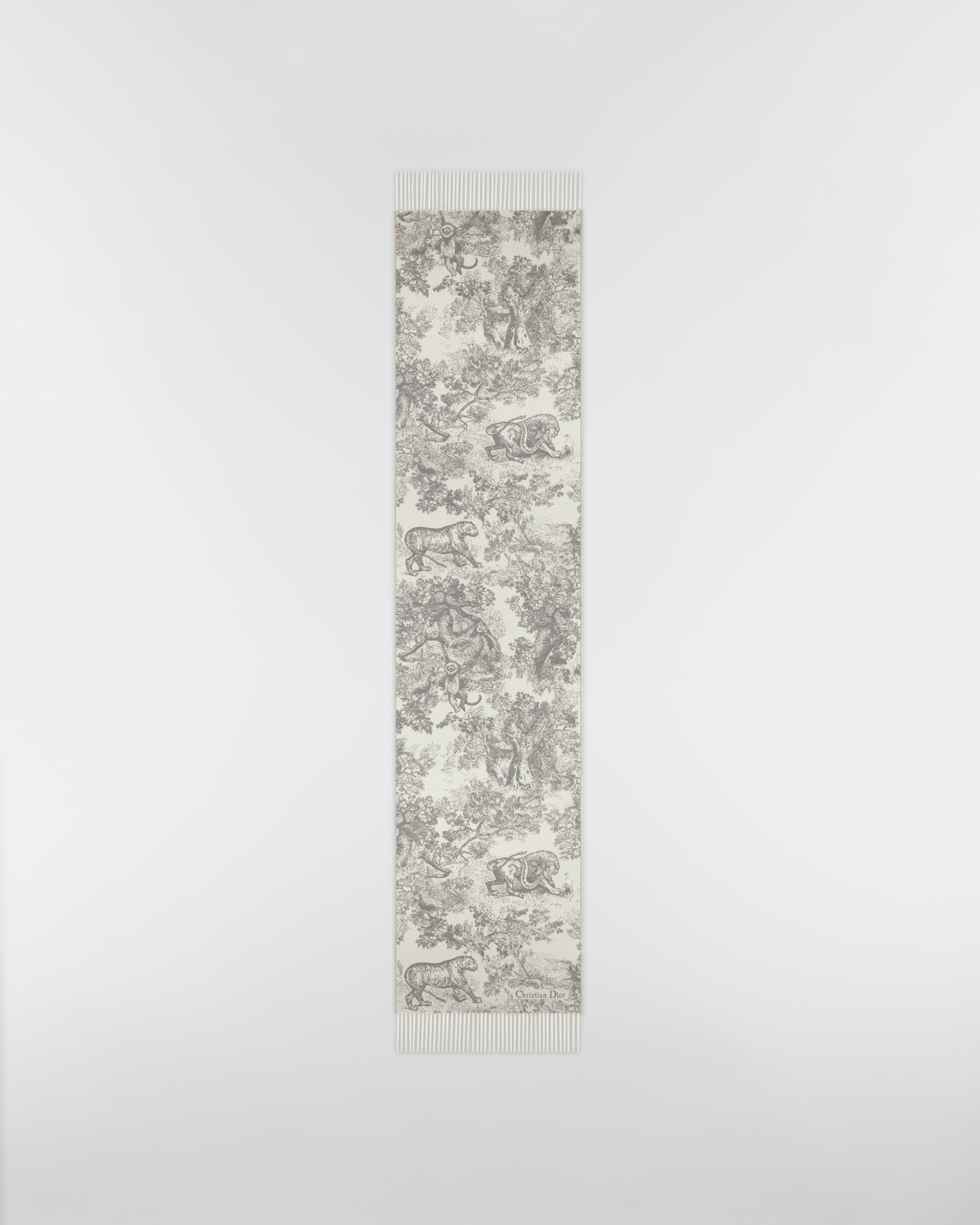 Sjaal met Toile de Jouy Sauvage-motief Grijze kasjmier en wol E07