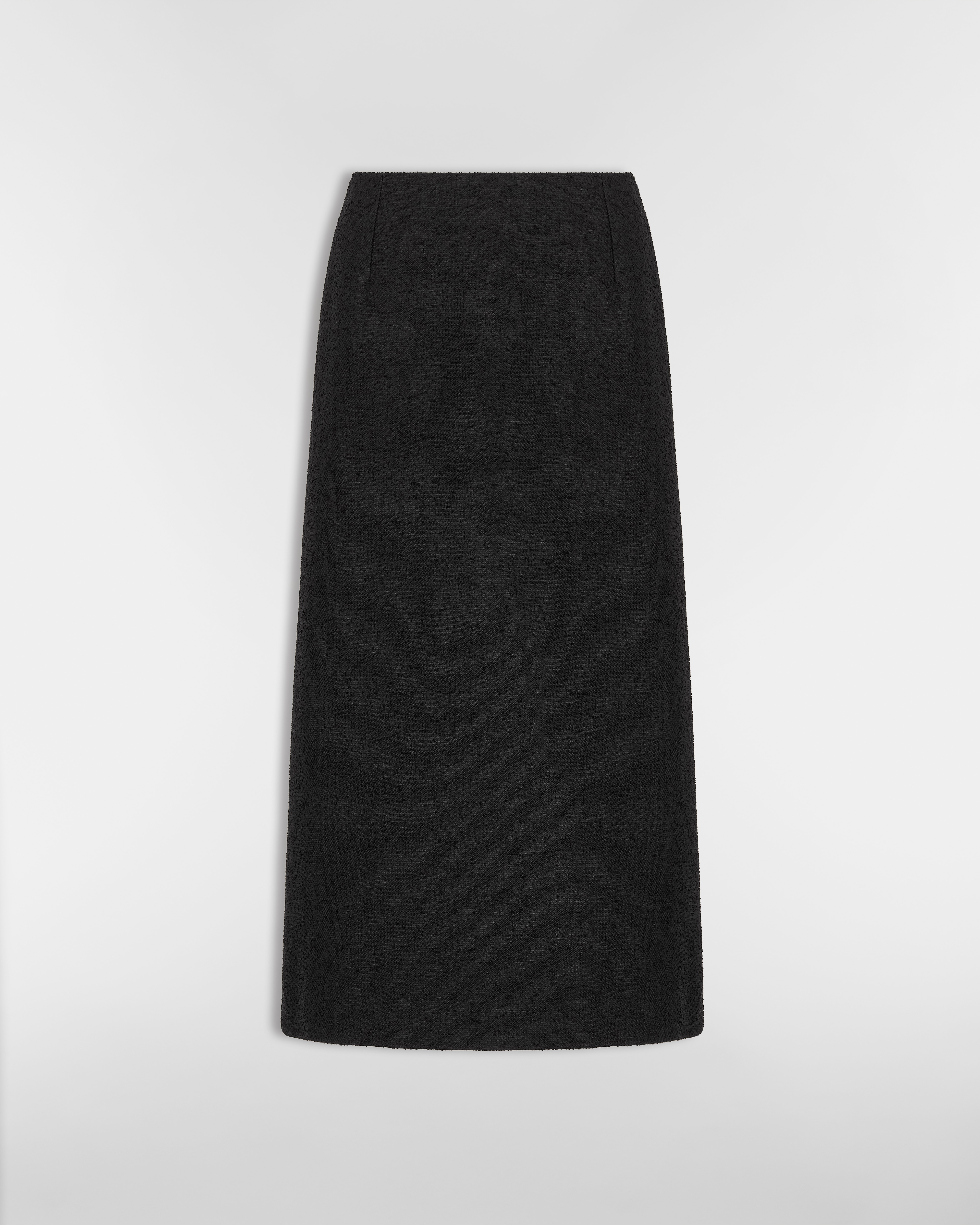 Jupe mi-longue évasée Laine vierge et coton bouclette mélangés noirs E01