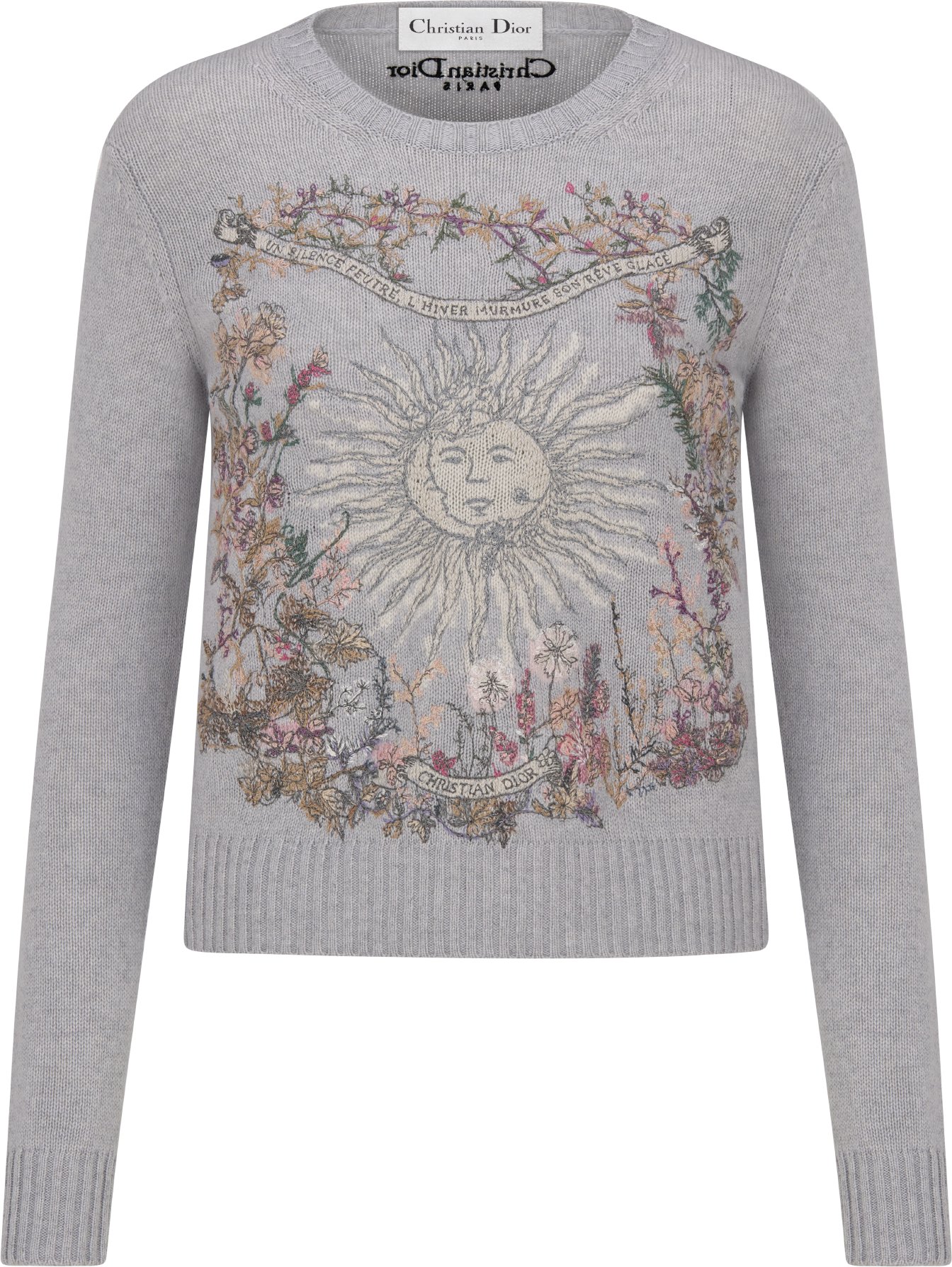 Embroidered Sweater Gray Cashmere Knit with Multicolor Dior 4 Saisons Hiver Motif DIOR