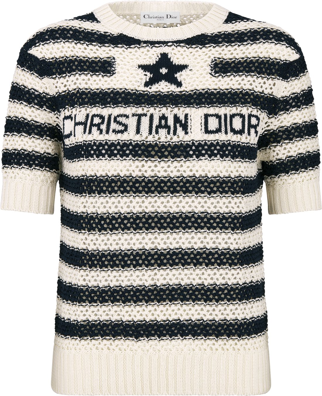 Dior Mariniere Short Sleeved Sweater Navy Blue and White Linen Cashmere and Silk Knit DIOR