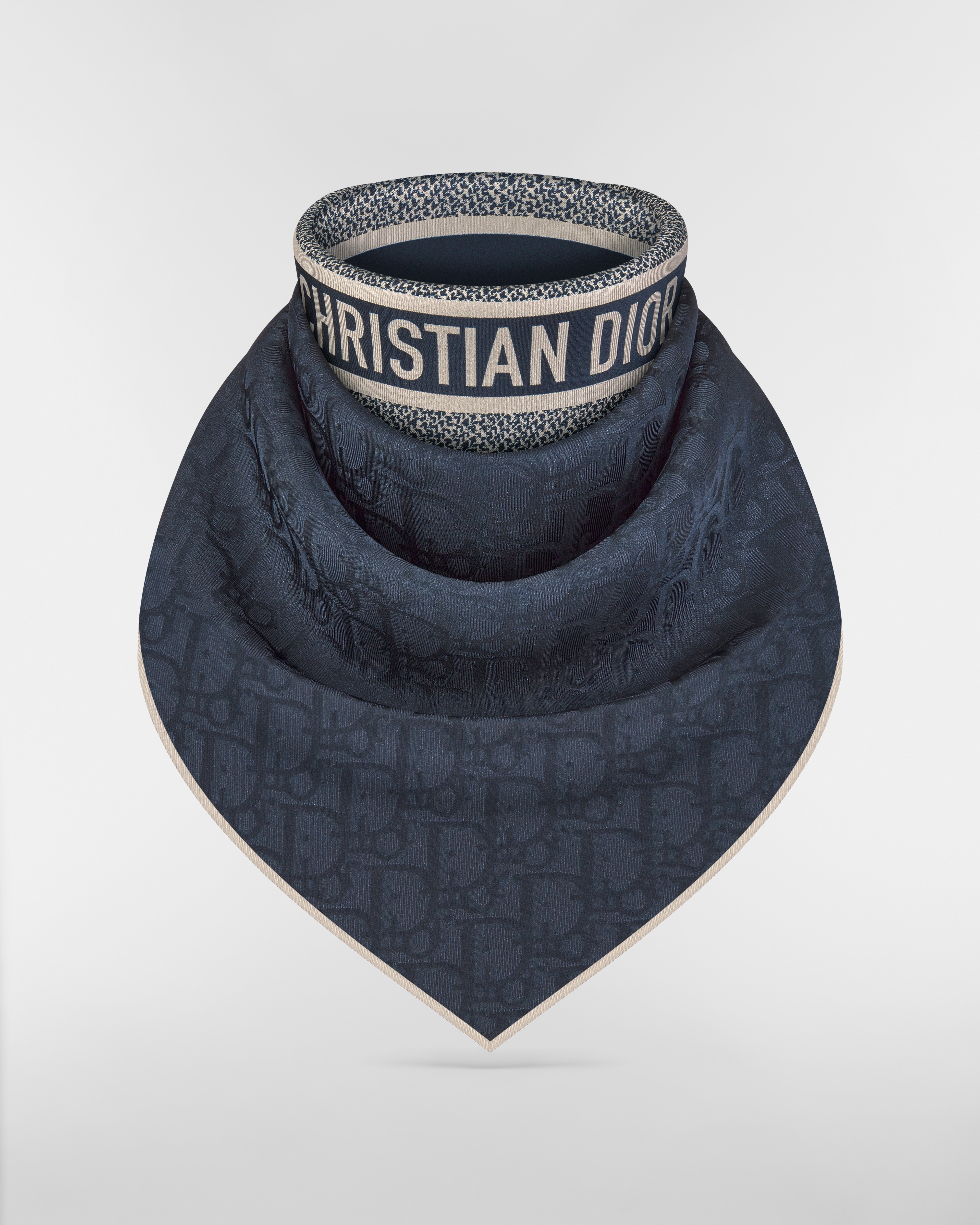 ผ้าพันคอทรงสี่เหลี่ยมจัตุรัส Dior Oblique 70 ผ้าไหมทวิลล์สีน้ำเงินเนวี่ E02