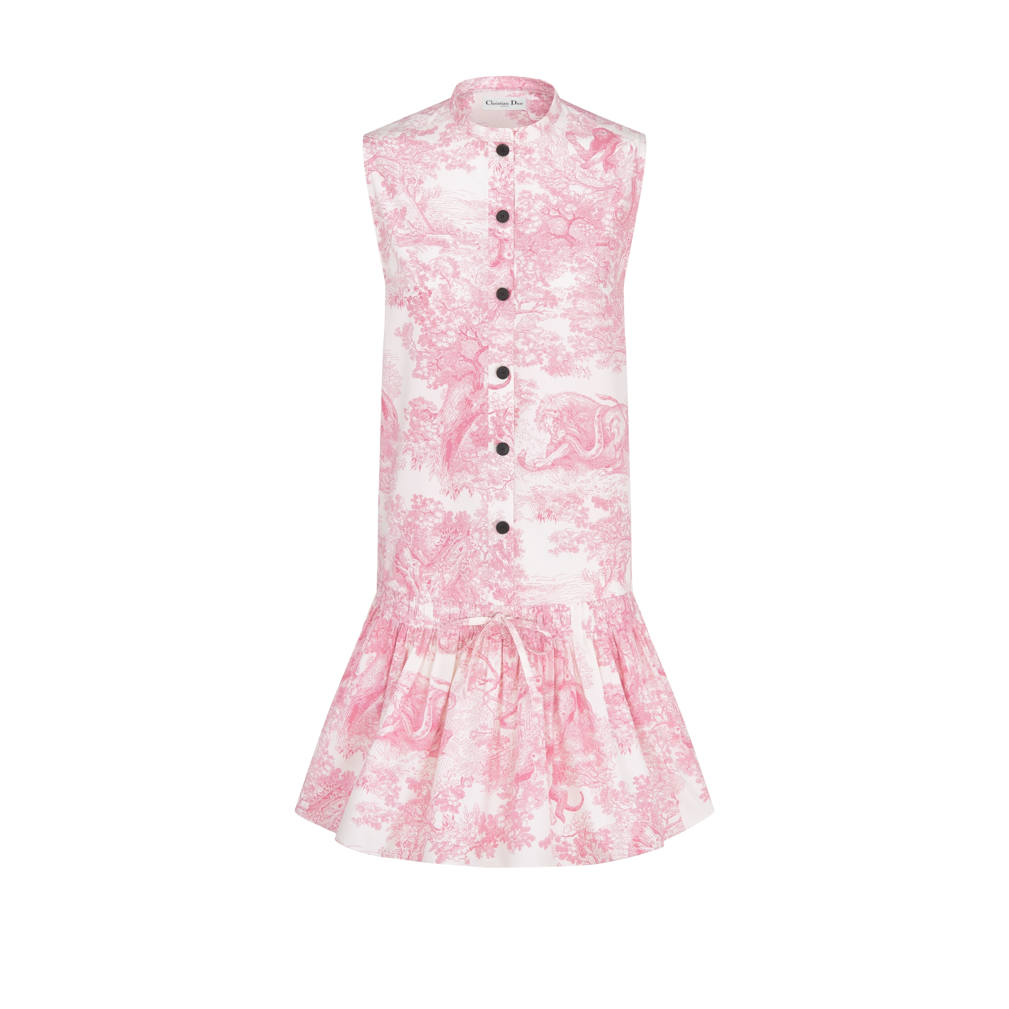 Dioriviera Short Dress White Cotton and Silk Poplin with Cherry Blossom Pink Toile de Jouy Sauvage Motif E01