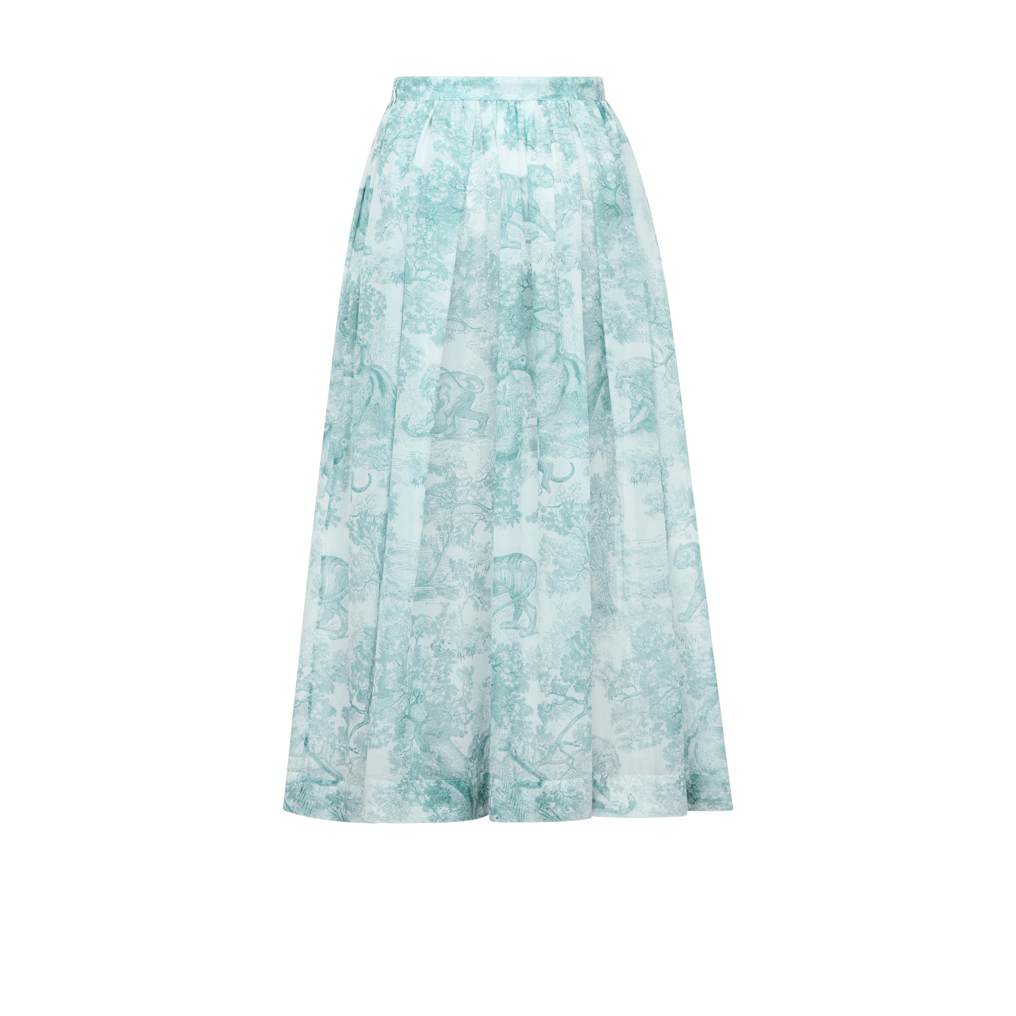 Dioriviera Mid-Length Flared Skirt White Cotton Muslin with Lily of the Valley Green Toile de Jouy Sauvage Motif E08