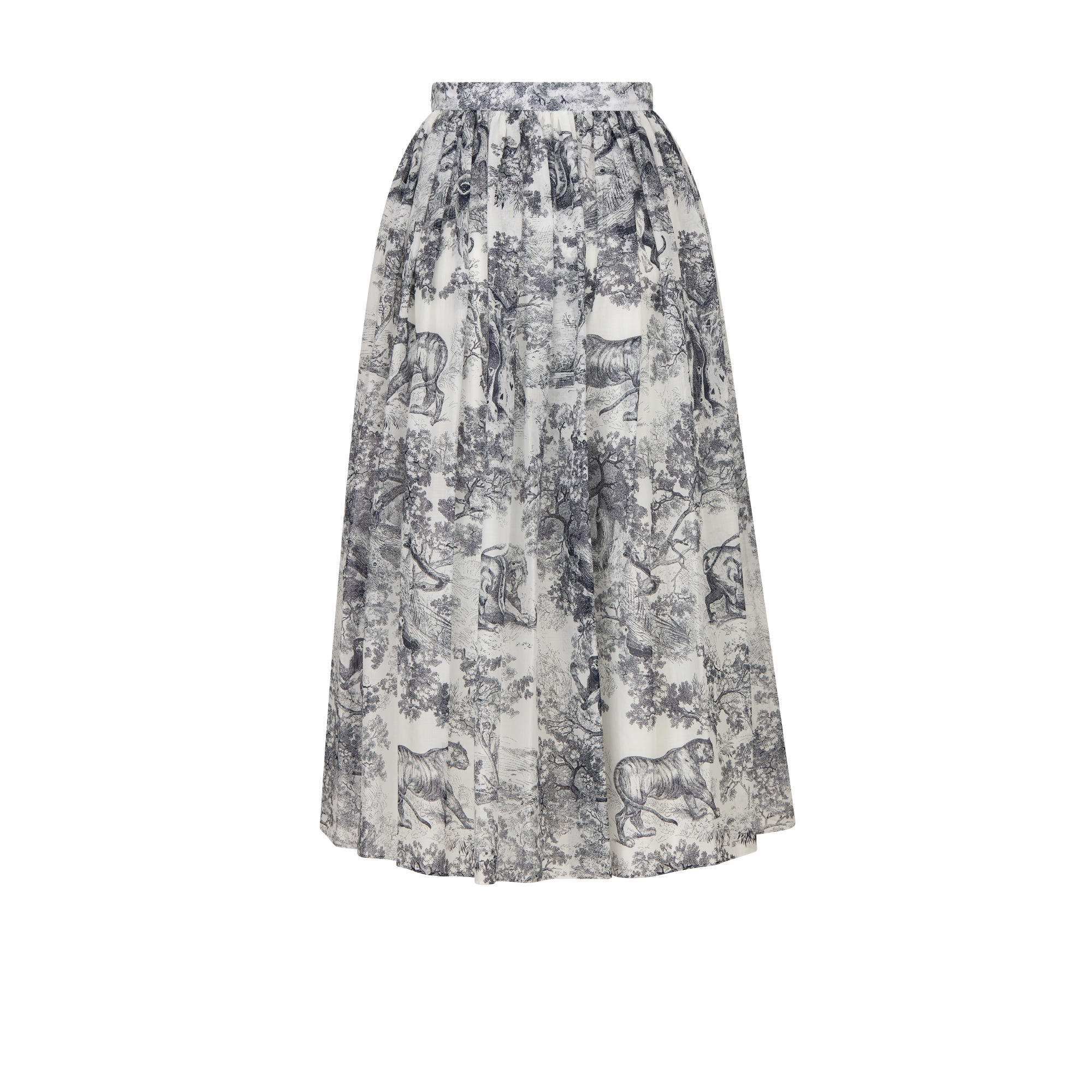 Mid-Length Skirt White and Navy Blue Toile de Jouy Cotton Muslin E08