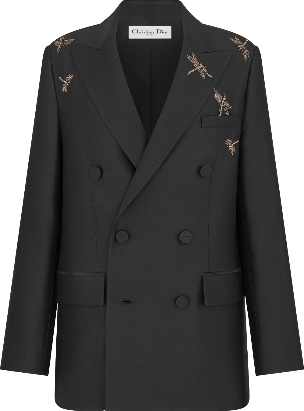 Embroidered Tuxedo Jacket Black Wool and Silk Shantung with Dragonfly Motif DIOR