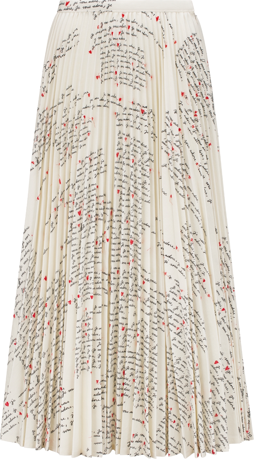 Dioramour Mid Length Pleated Skirt White Cotton Denim with Black and Red Embroidered Je Vous Adore Motif DIOR