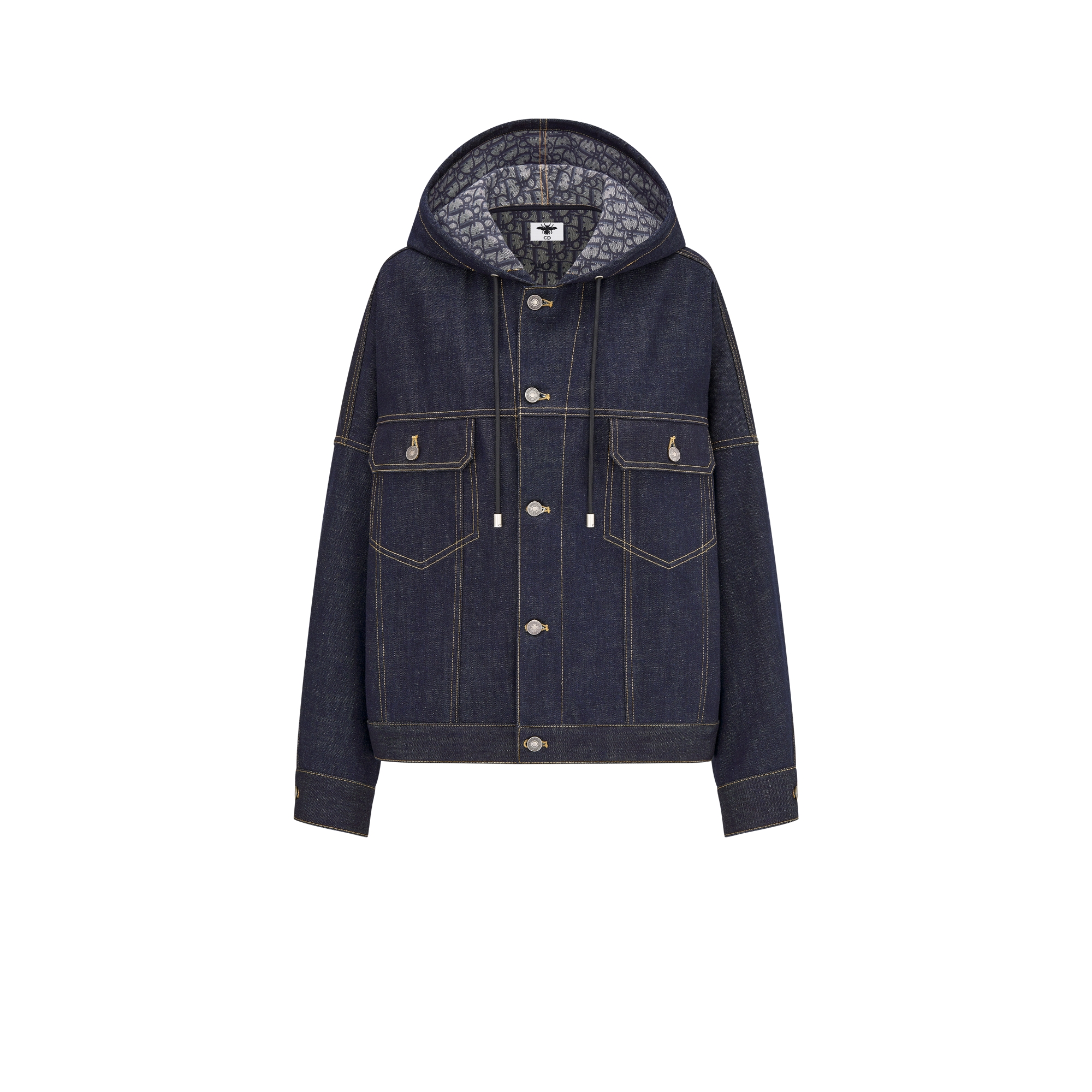 Oversized Hooded Jacket Blue Cotton Denim with Dior Oblique Interior E01