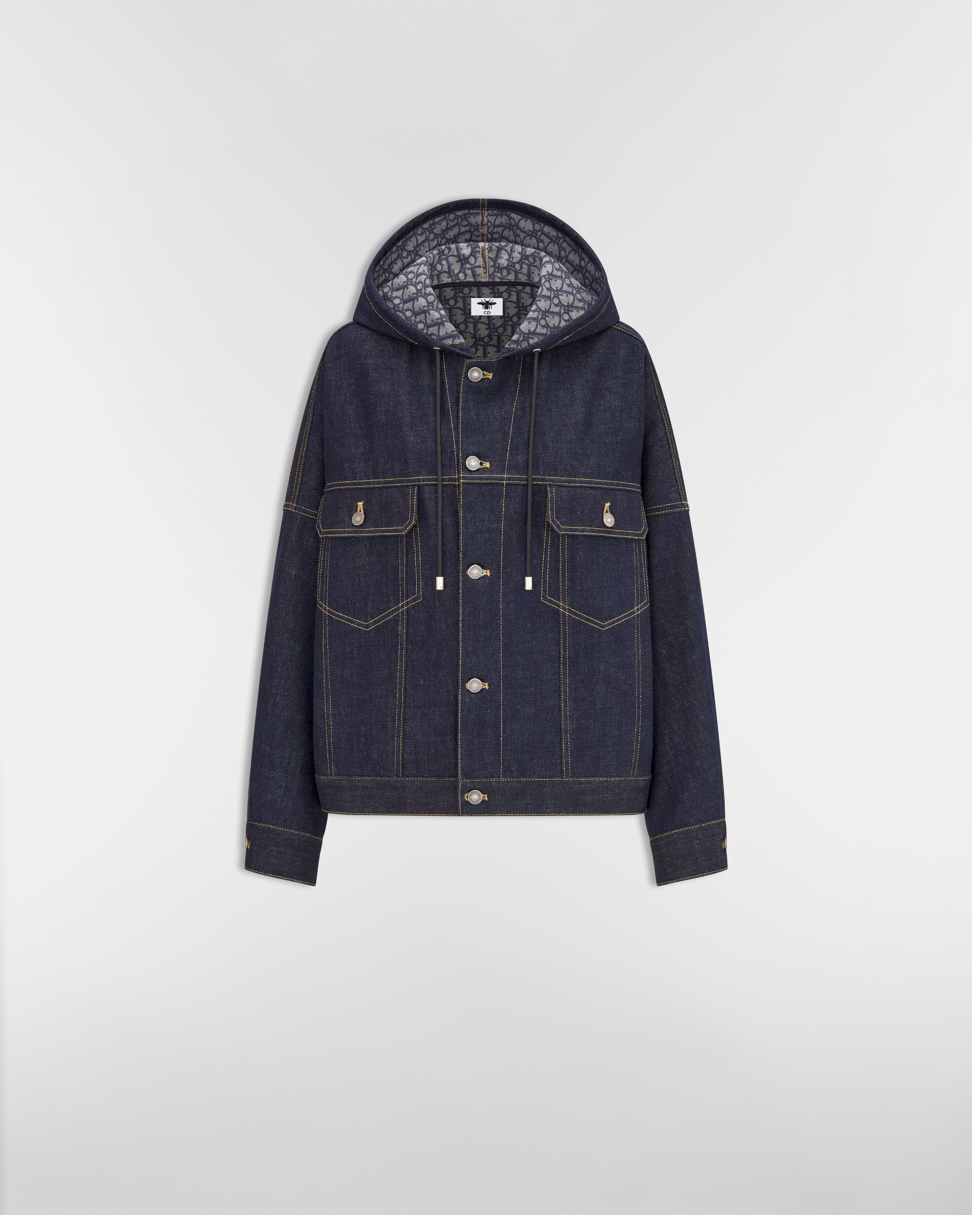 سترة بقَصّة واسعة مع قلنسوة دنيم قطني أزرق مع نمط ديور أوبليك في الناحية الداخلية E01