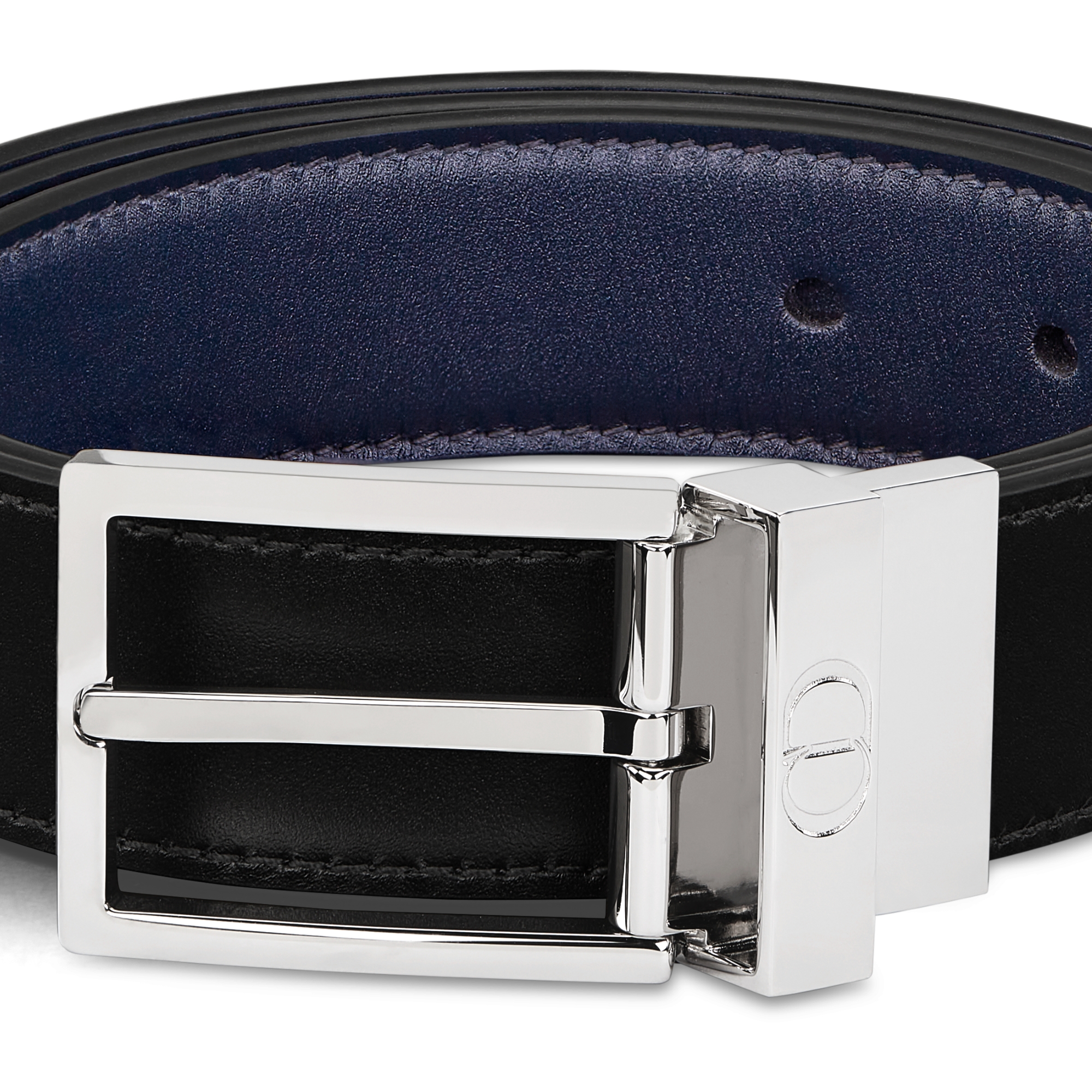 Ceinture réversible Cuir de veau lisse noir et bleu marine, 30 mm E09