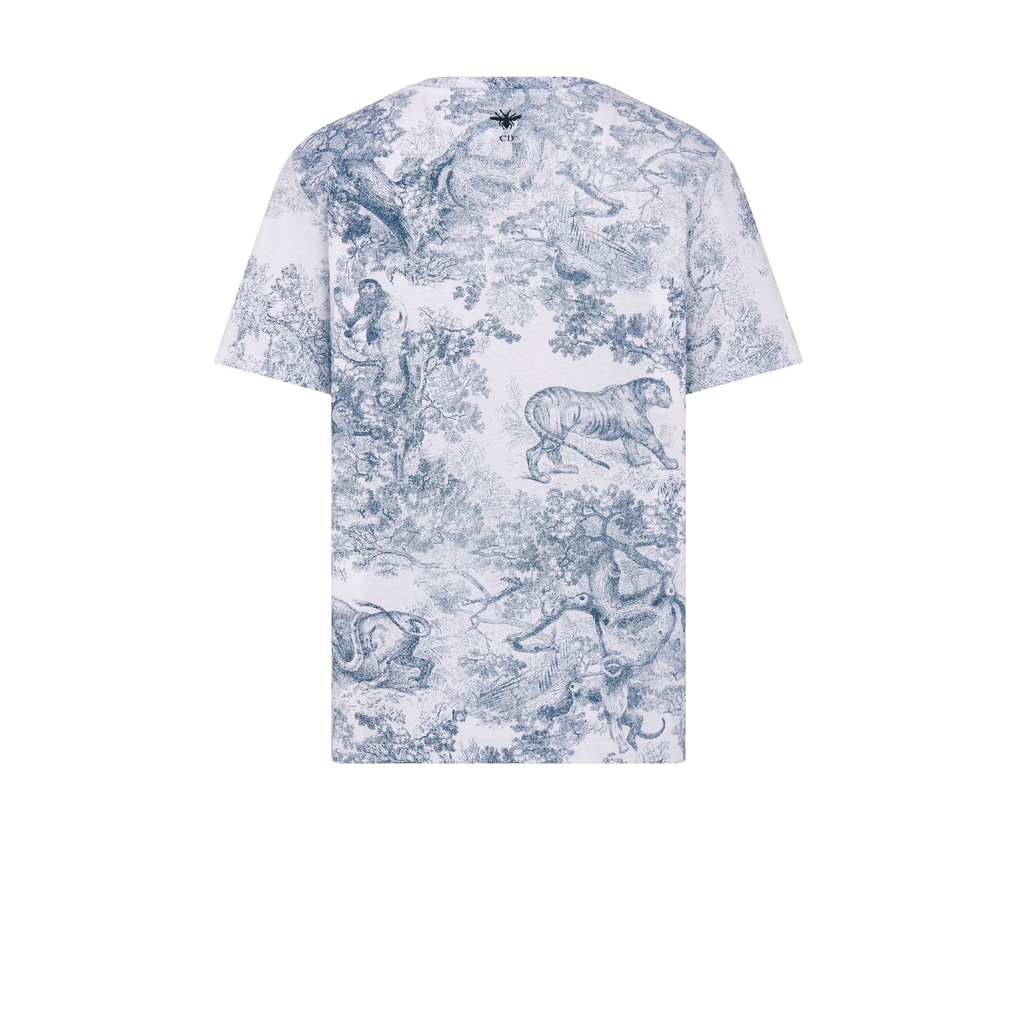 تيشيرت Dioriviera قماش الجيرسيه من القطن والكتان باللونين الأبيض والأزرق مع نمط توال دو جوي سوفاج E08