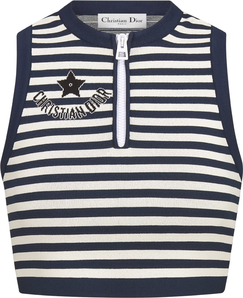 Dioriviera Cropped Tank Top Ecru and Navy Blue Technical Knit with Dior Mariniere Motif DIOR
