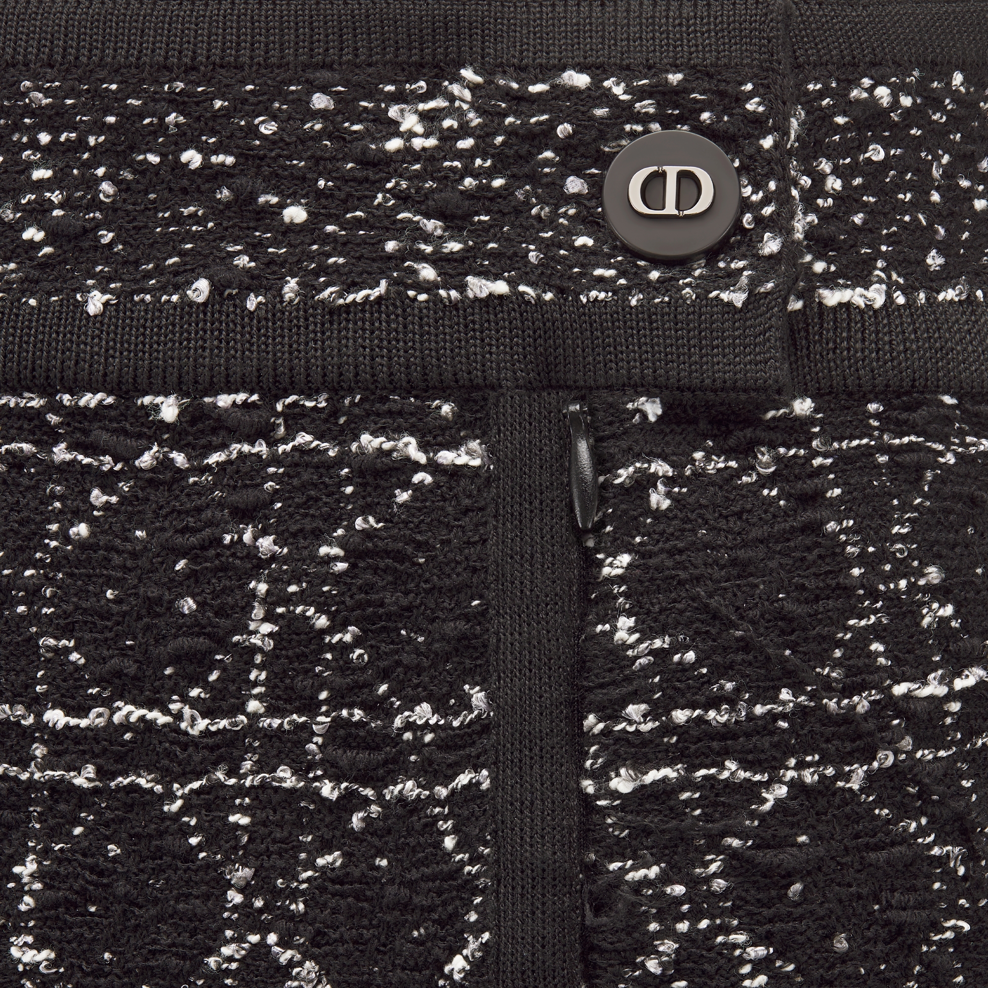 Macrocannage Mid-Length Straight Skirt Black and White Technical Cotton and Silk Tweed E09