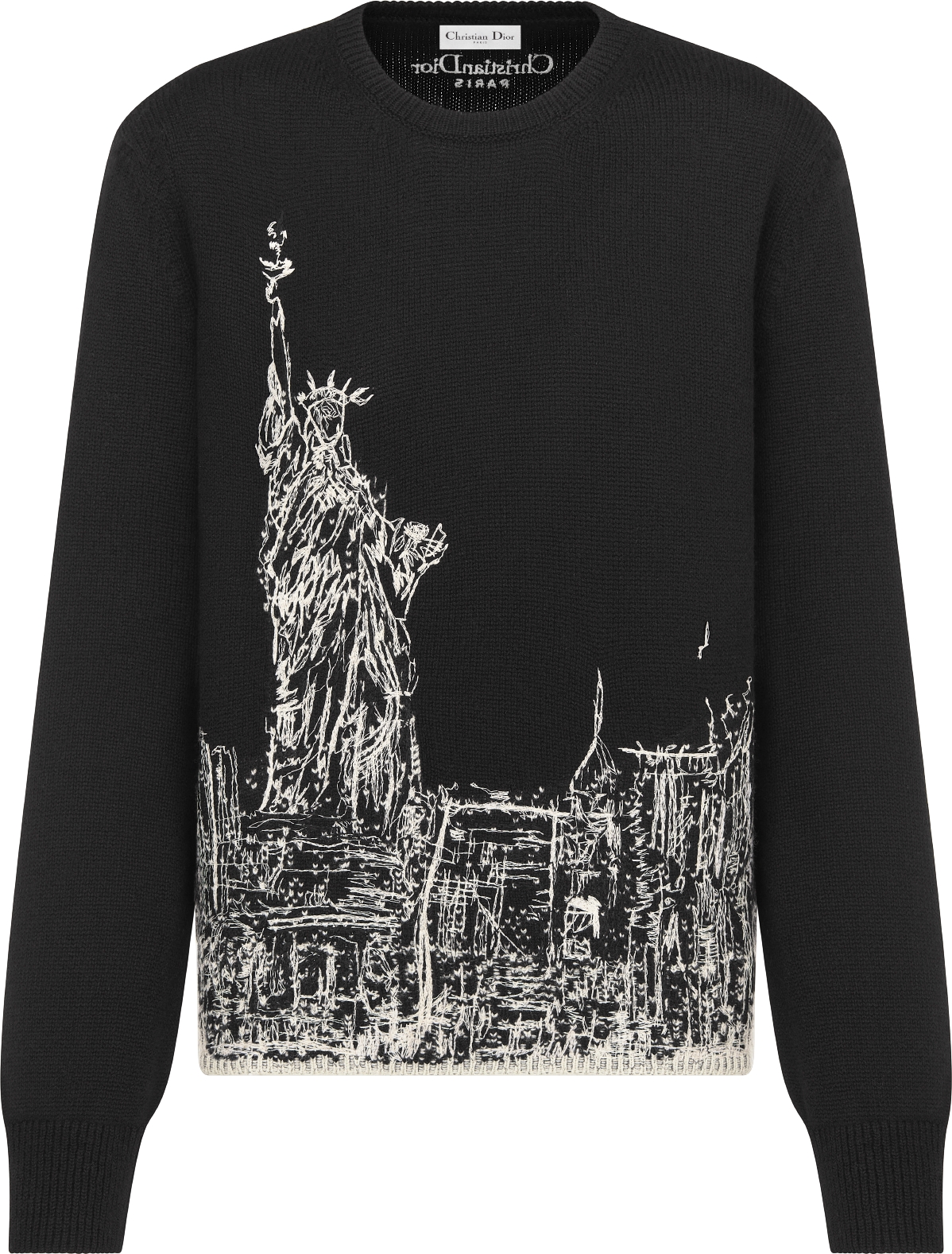 Embroidered Sweater Black and White Cashmere and Silk Knit with New York Motif DIOR