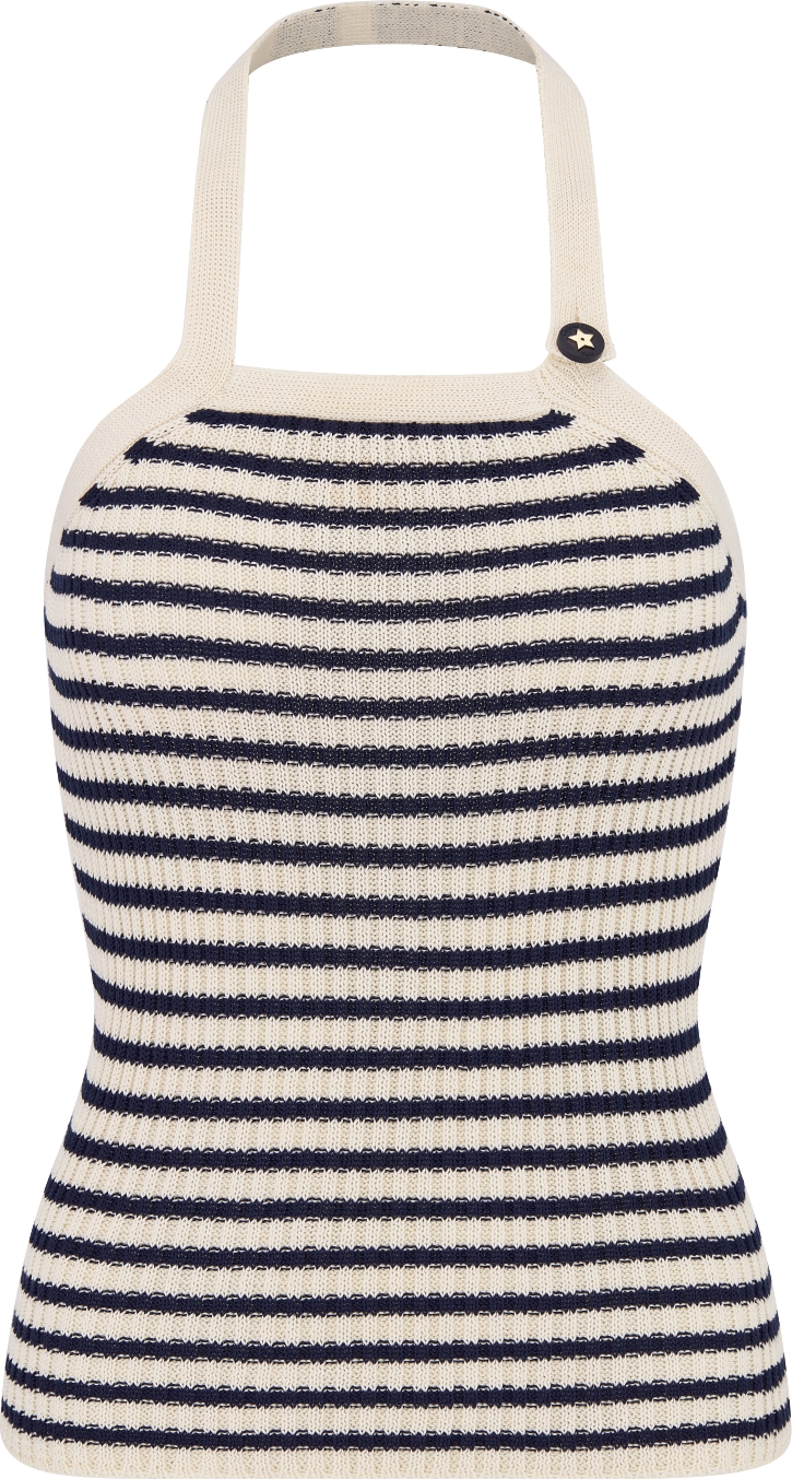 Dioriviera Backless Tank Top White and Navy Blue Cotton Ribbed Knit
