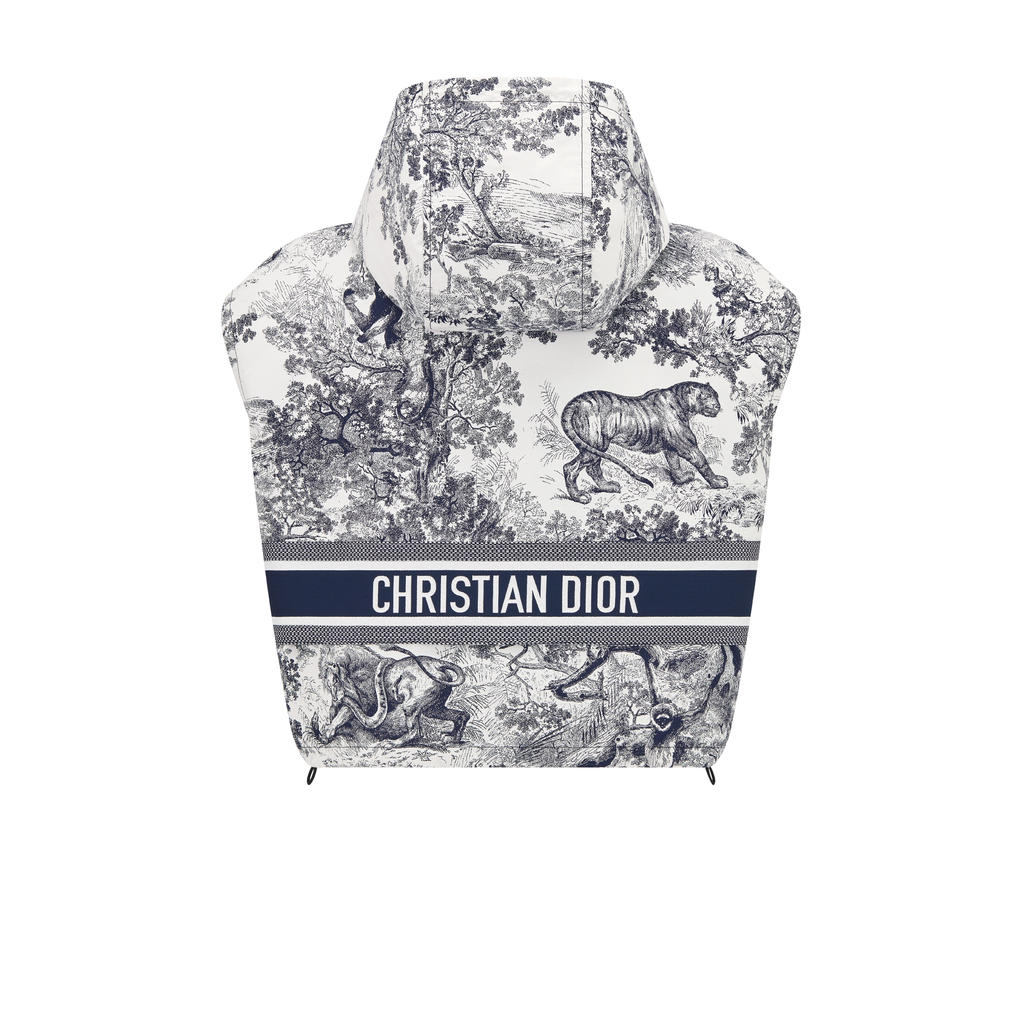 Hooded Vest Blue and White Technical Taffeta Jacquard with Toile de Jouy Sauvage Motif E08